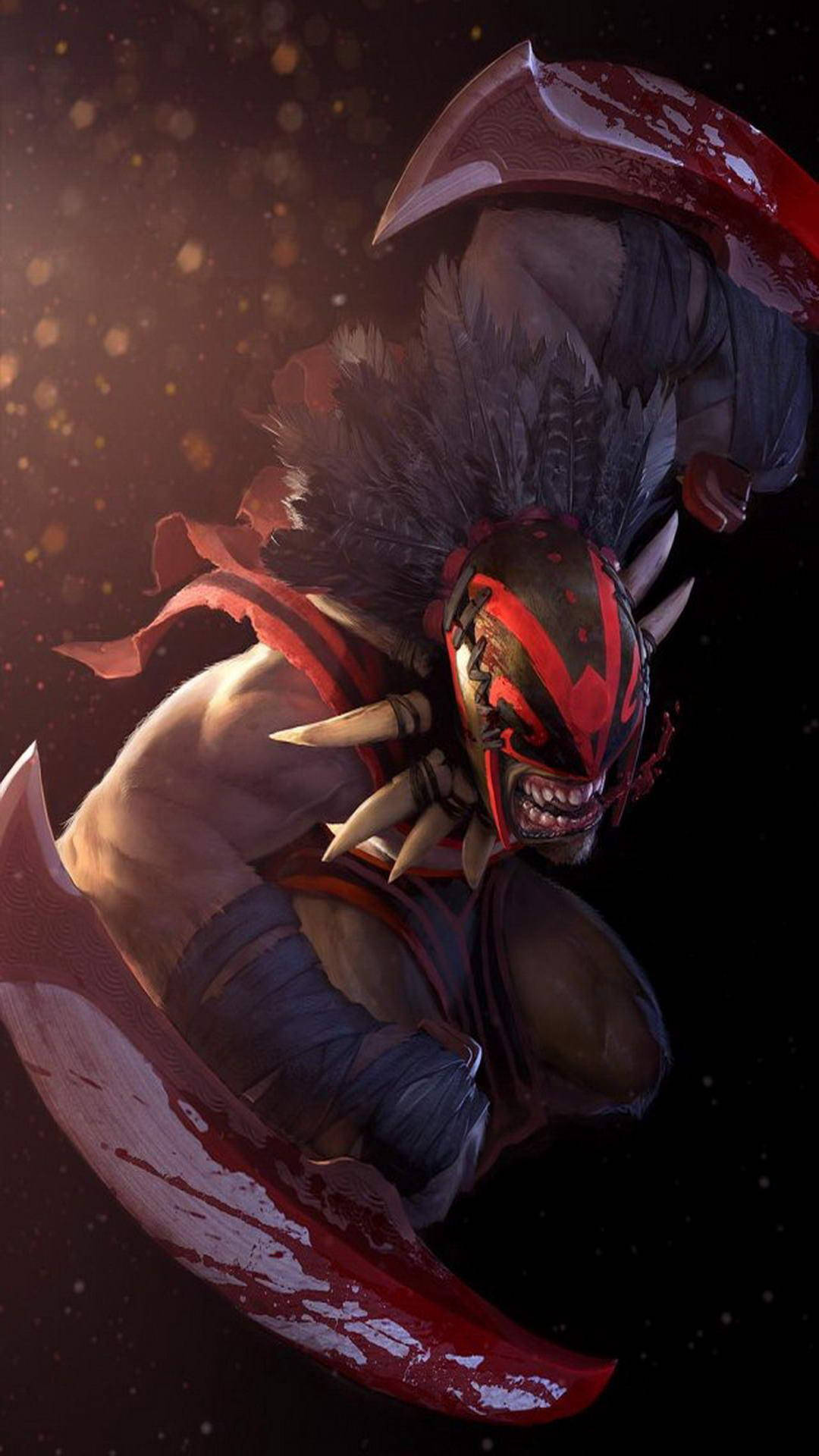 dota 2 iPhone 桌布 壁紙 — 一位戴著羽毛頭飾的兇猛蒙面戰士，在黑暗星空背景下揮舞著巨大的血刃。