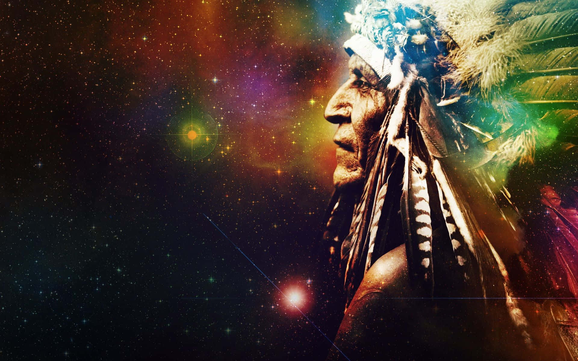 Trippy Space 桌布 壁紙 — 一位戴著羽毛頭飾的美洲原住民長老凝視著充滿閃爍星星和彩色氣體雲的充滿活力的宇宙星雲。