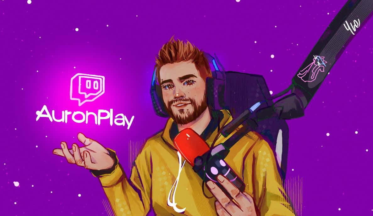 Minecraft Twitch Streamers 桌布 壁紙 — 一位戴著耳機和咪高峰的串流主播，在充滿活力的紫色星空背景和 Twitch 標誌前熱情地做手勢。