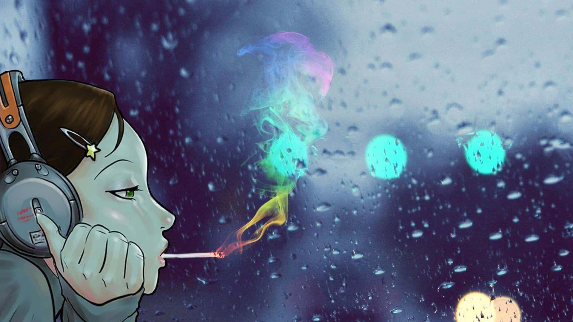 壁紙 — 一位戴著耳機的年輕女子在雨痕斑斑的窗邊抽煙，彩色煙霧在模糊的城市燈光中盤旋。