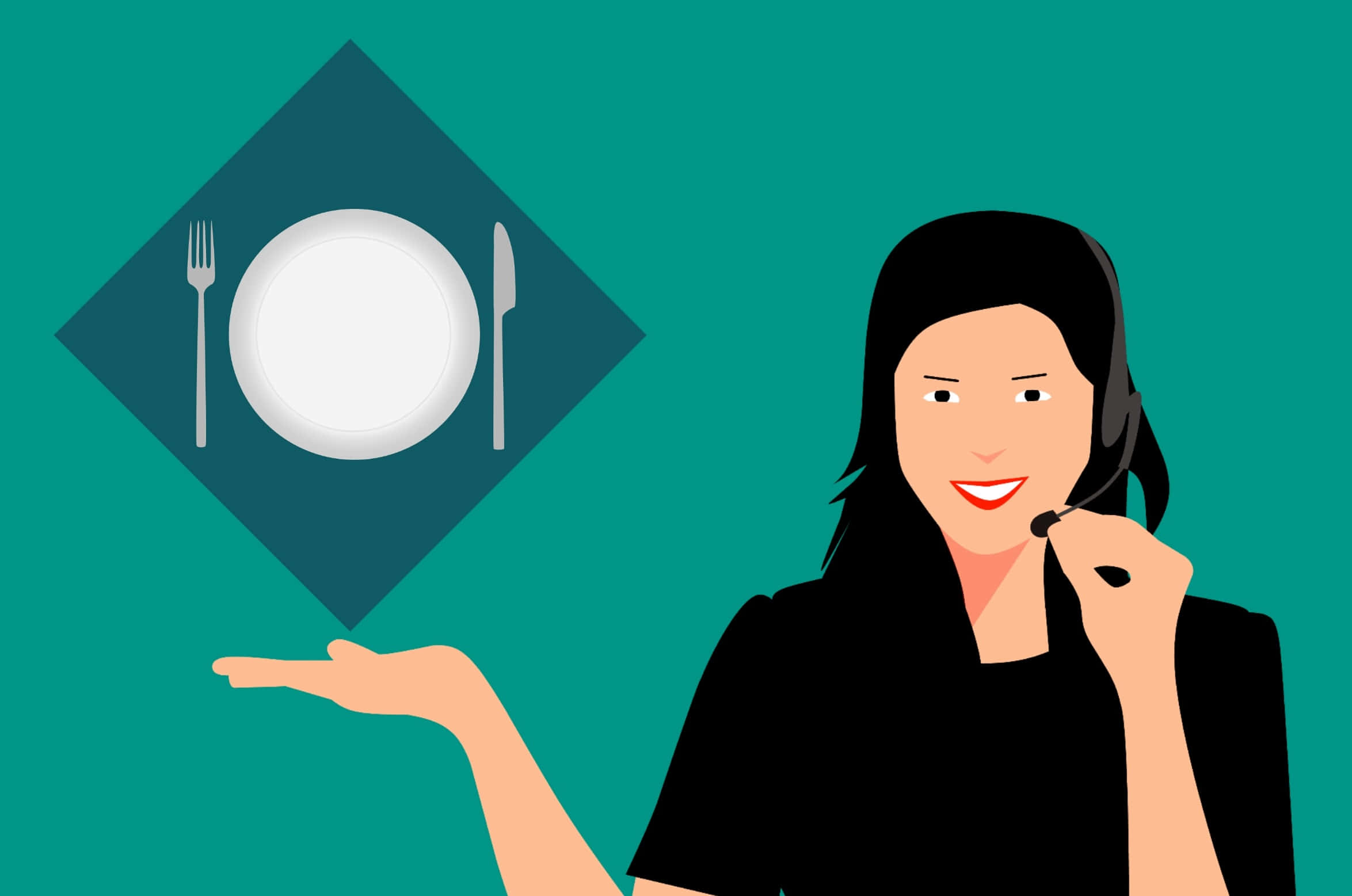 Telemarketing 桌布 壁紙 — 一位戴著耳機的微笑女士在一個青綠色鑽石形餐墊上展示一個配有叉和刀的白色碟子。