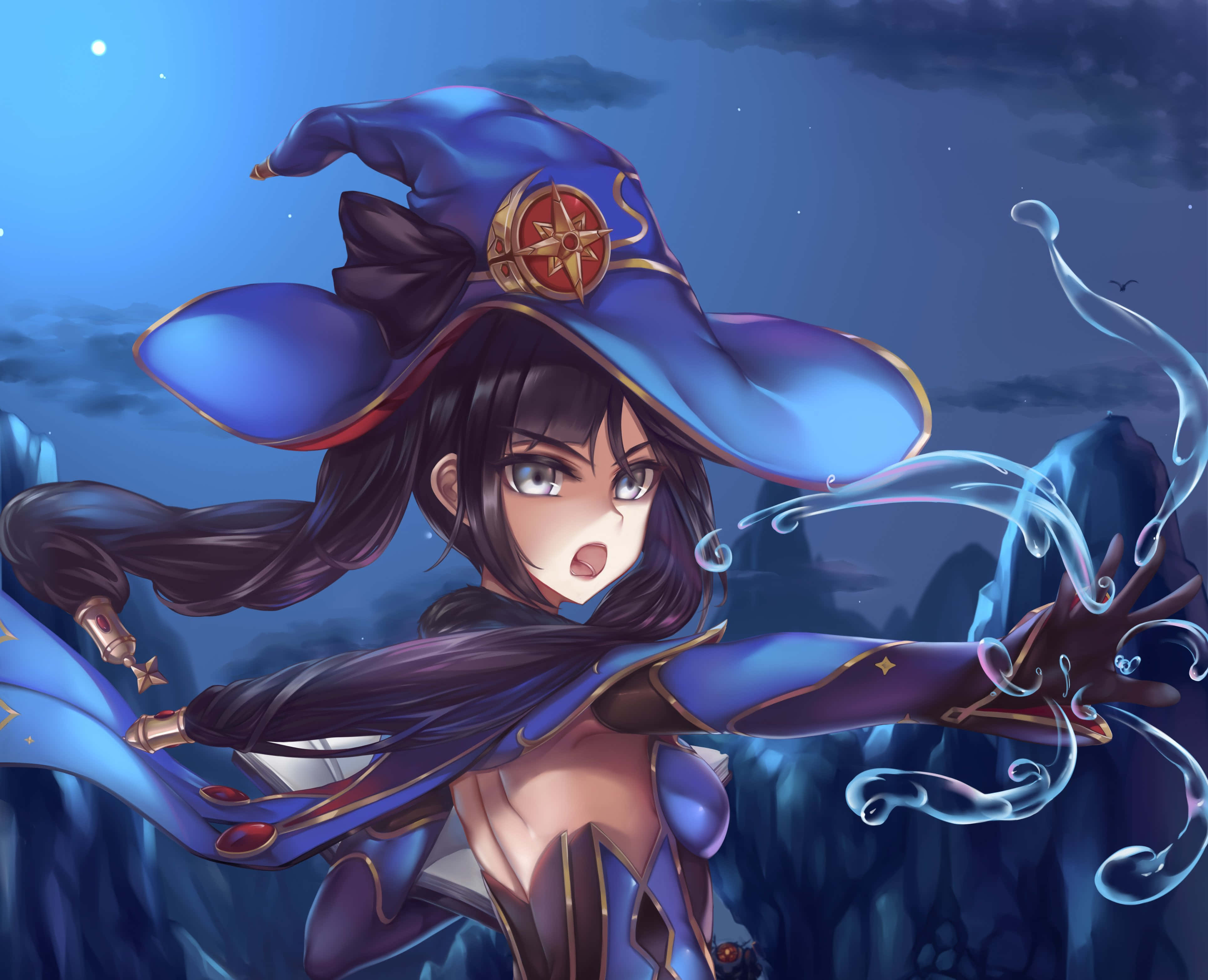 Genshin Impact Mona 桌布 壁紙 — 一位戴著藍色帽子的年輕女巫，在佈滿星星的夜空和烏雲中施展發光的魔法。