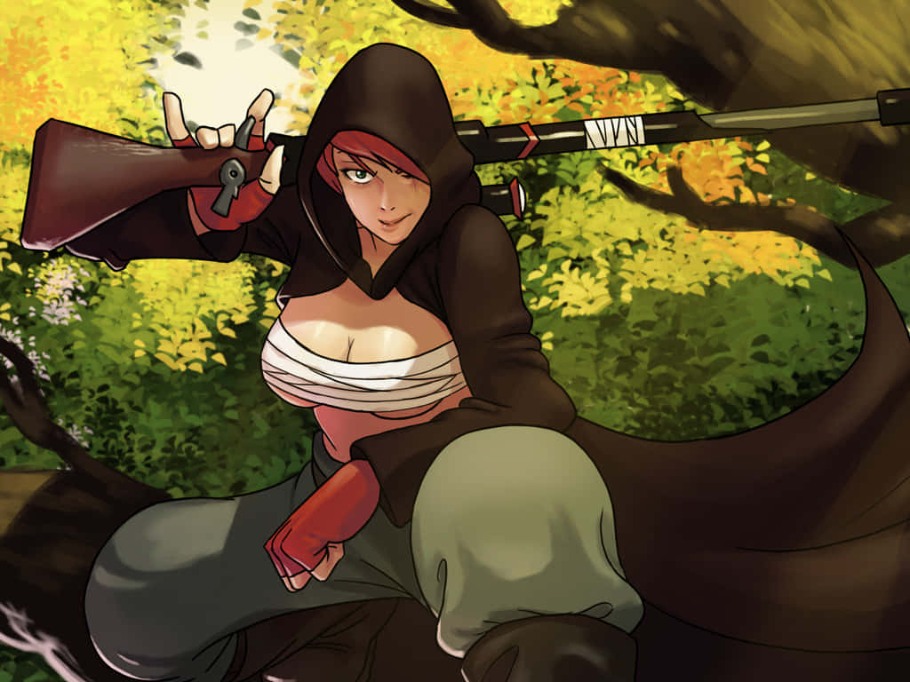 Dark Souls Emerald Herald 桌布 壁紙 — 一位戴著連帽衫的紅髮動漫女性在充滿活力的秋日森林中從樹後瞄準步槍。