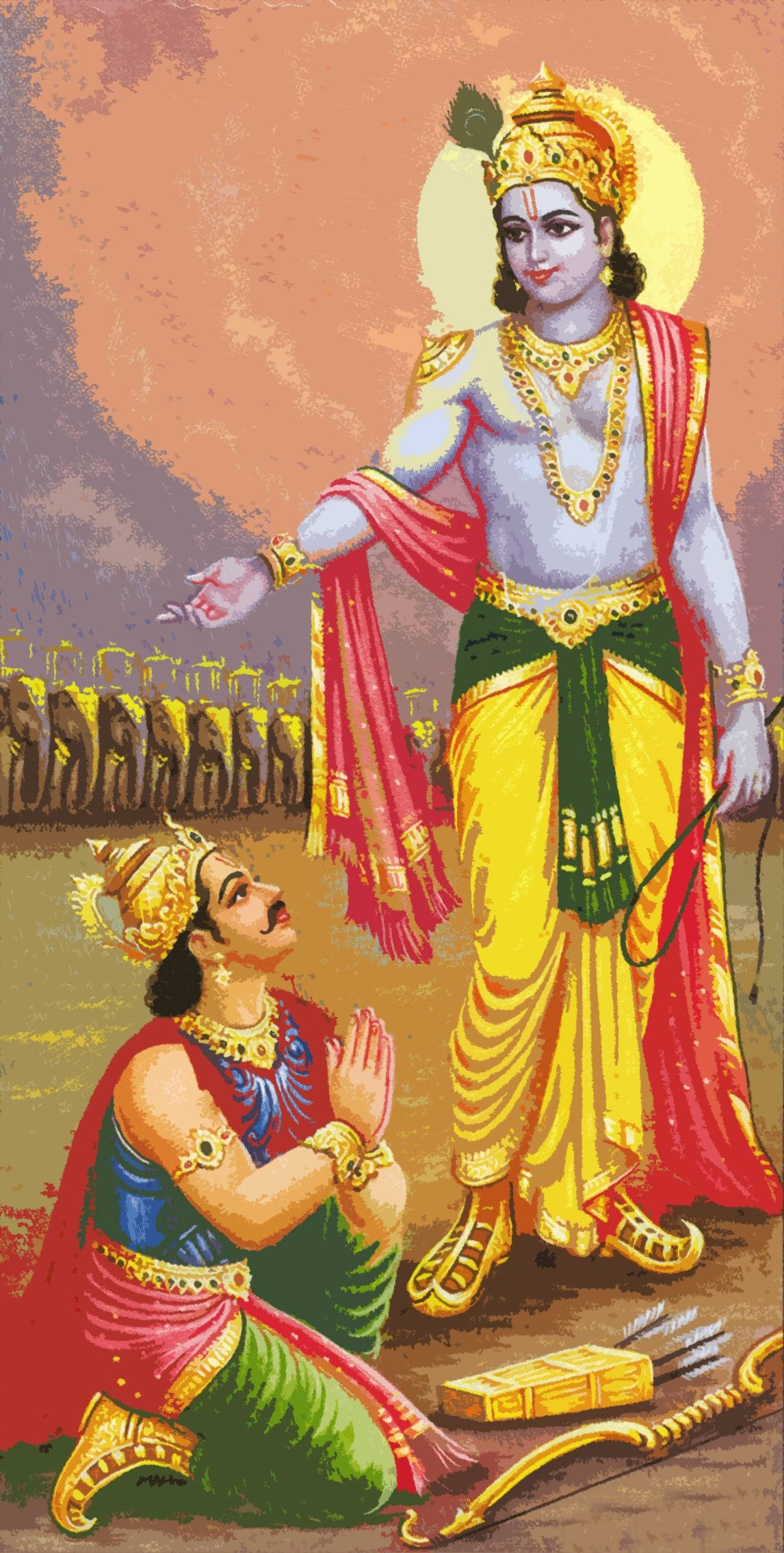 Krishna Arjun 桌布 壁紙 — 一位戴著金色皇冠、身穿黃色長袍的神聖人物，站在一排大象前跪拜的信徒上方。