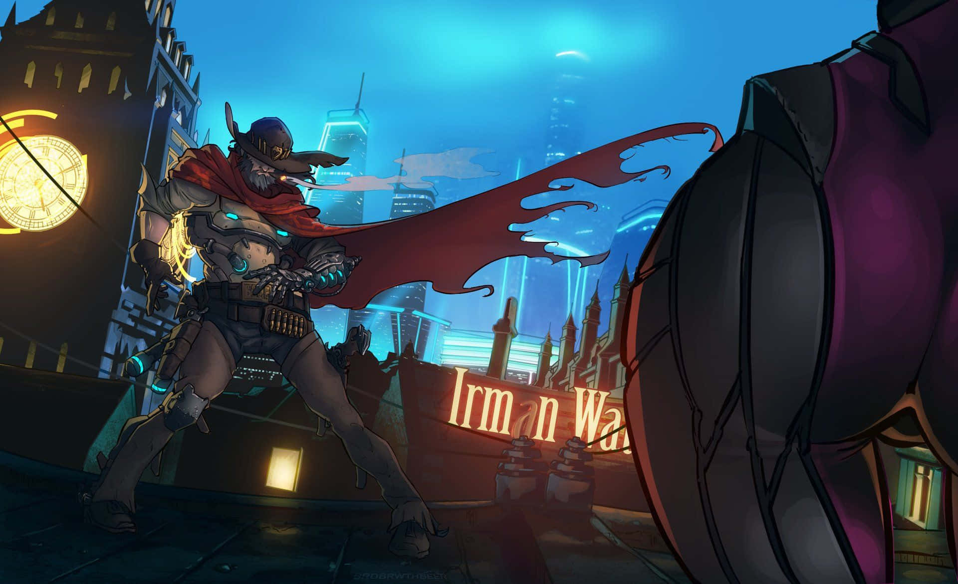 Overwatch Mccree 桌布 壁紙 — 一位戴著面具、披著紅色斗篷的戰士，在夜晚霓虹燈閃爍的未來城市景觀中，面對一個巨大的裝甲人物。