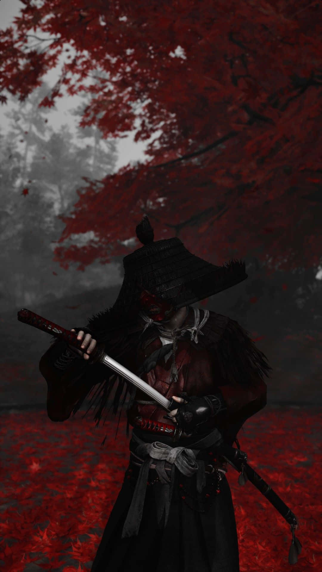 Ronin 桌布 壁紙 — 一位戴著面具、身穿暗色長袍的武士站在鮮紅的楓樹下，手持武士刀，周圍血紅的樹葉旋轉飛舞。