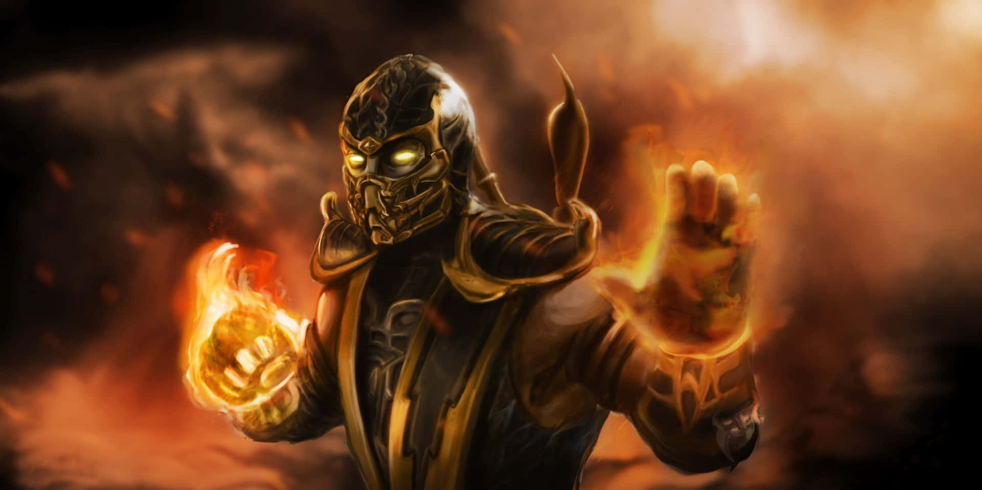 Mortal Kombat Legacy 桌布 壁紙 — 一位戴著面具、身穿金色盔甲的戰士，在煙霧瀰漫的橙色背景下，從雙手中釋放出火焰般的能量。