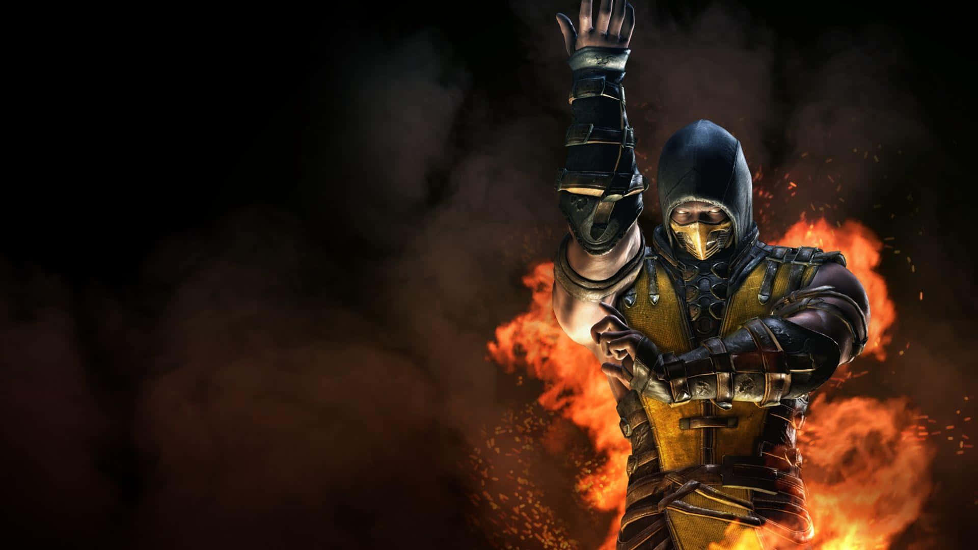 Mortal Kombat X 桌布 壁紙 — 一位戴著面具、身穿金色盔甲的戰士，在熾熱的爆炸和黑煙中舉起戴著手套的手。