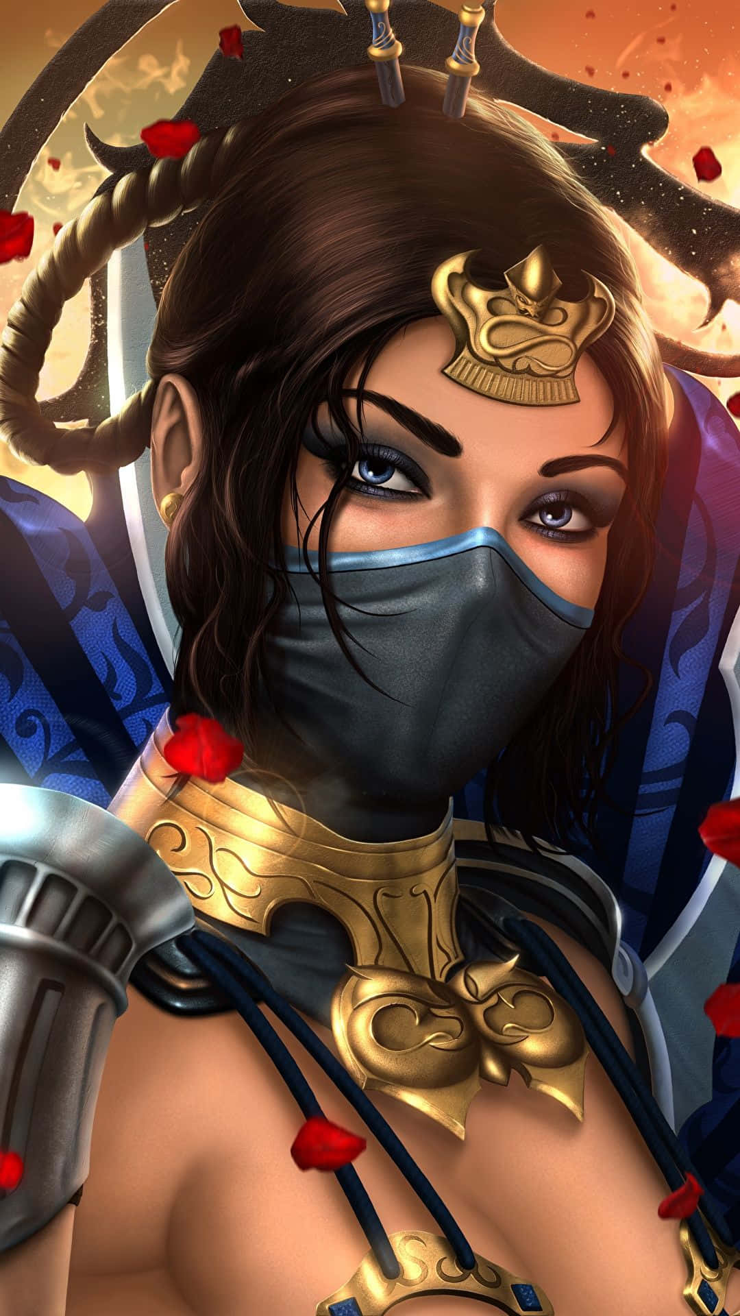 Mortal Kombat Kitana 桌布 壁紙 — 一位戴著面具的兇猛女戰士，梳著辮子，身穿華麗盔甲，站在熾熱背景下，周圍飄落著紅色花瓣。