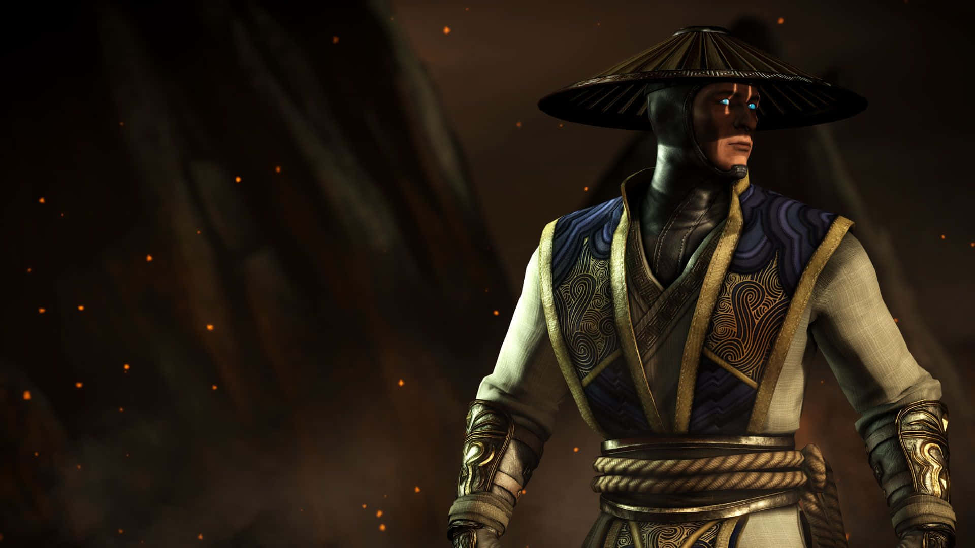 Mortal Kombat Raiden 桌布 壁紙 — 一位戴著面具的戰士，身穿華麗盔甲和圓錐形帽子，在煙霧繚繞的背景中，周圍漂浮著發光的餘燼，擺出蓄勢待發的姿態。