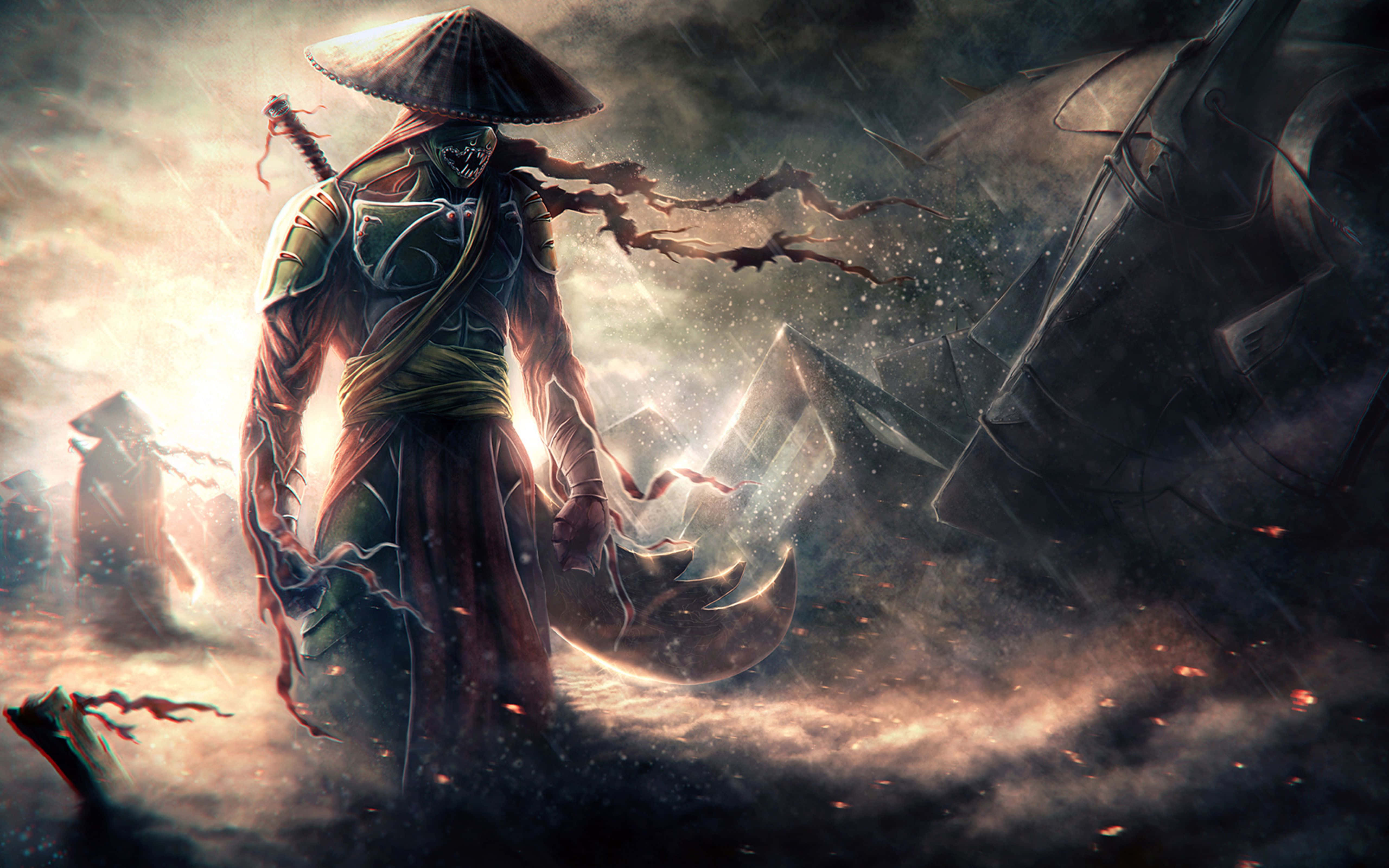 武士 桌布 壁紙 — 一位戴著面具的武士穿著傳統盔甲，在暴風雨的天空和破碎的瓦礫中站立，手持發光的彎曲刀刃。