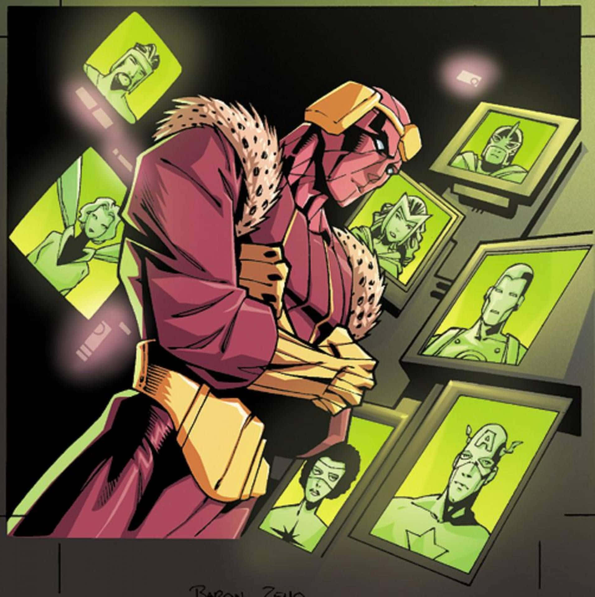 Baron Zemo 桌布 壁紙 — 一位戴著面具的超級英雄，身穿紫色毛領長袍，站在黑暗的房間中，被其他英雄的發光綠色肖像包圍。