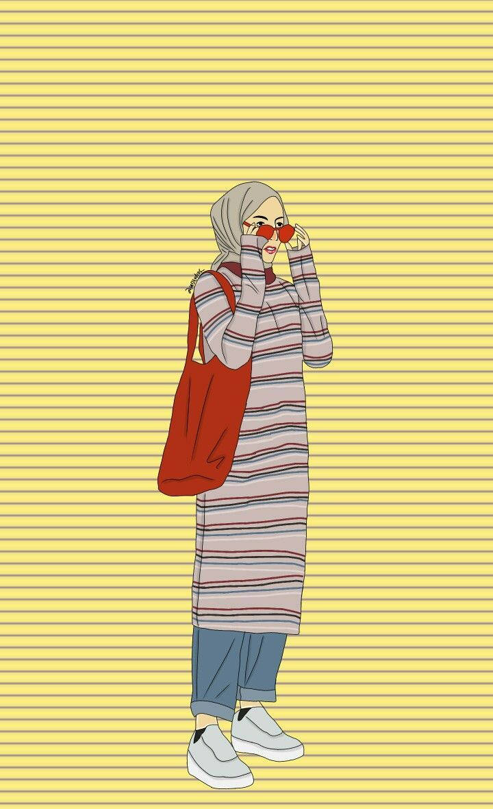 hijab cartoon 桌布 壁紙 — 一位戴著頭巾和心形眼鏡的年輕女性站在黃色條紋背景前，手持紅色手提袋。