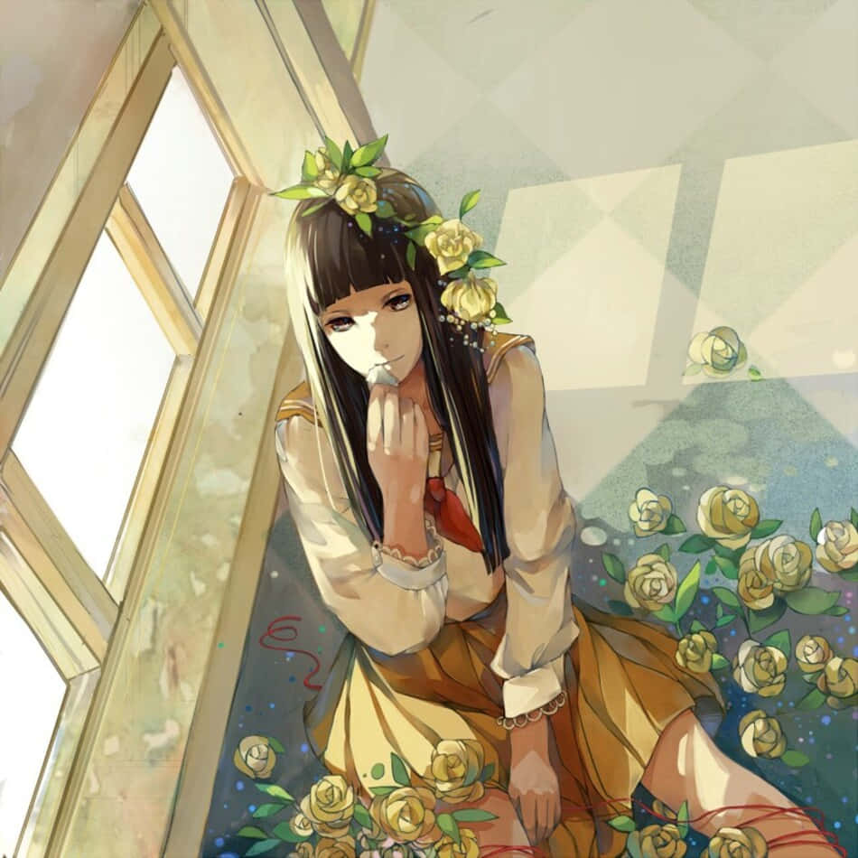 Rikako Oryo 桌布 壁紙 — 一位戴著黃色玫瑰花冠的寧靜動漫女孩坐在陽光普照的窗邊，周圍漂浮著玫瑰。