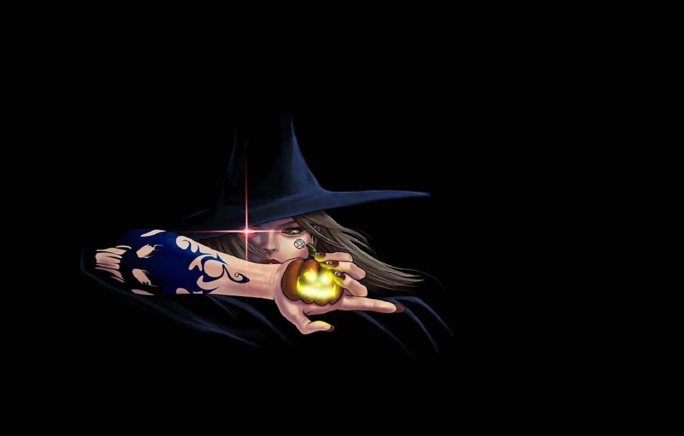 Witch Hats 桌布 壁紙 — 一位戴著黑色帽子的女巫，在黑暗背景前手持一顆發光的金色球體，散發神秘氣息。