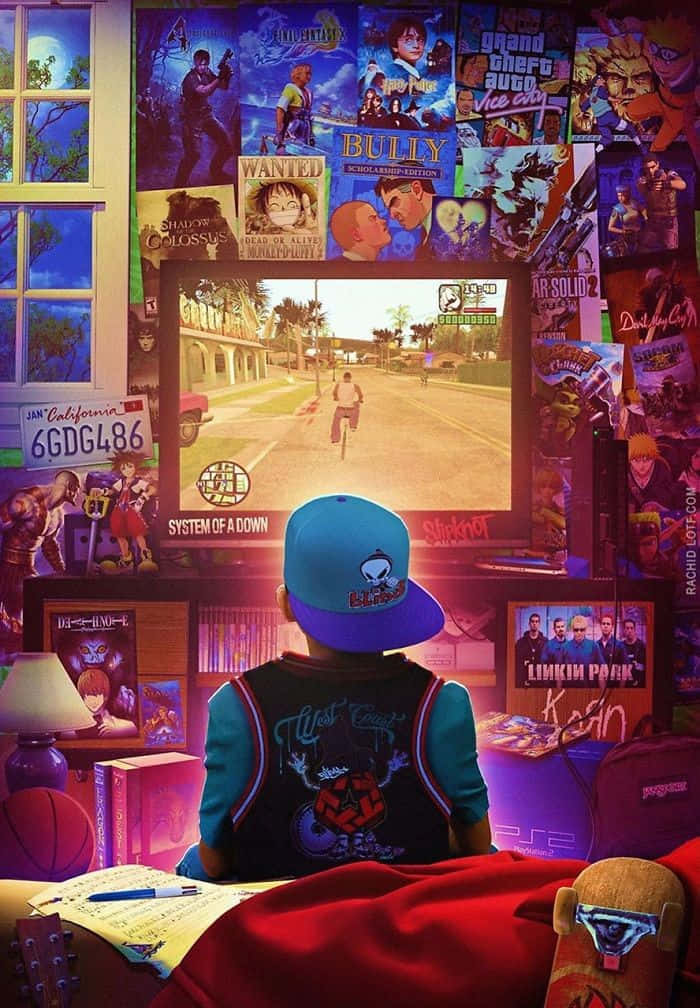 Gaming Art 桌布 壁紙 — 一位戴藍色帽子的年輕遊戲玩家坐在床上，周圍環繞著海報和遊戲紀念品，正在看電視上的電子遊戲。