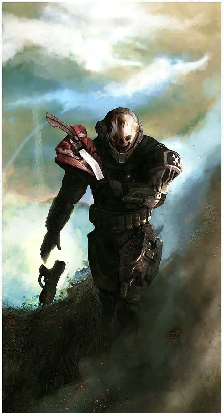 Halo Emile 桌布 壁紙 — 一位戴面具、身穿暗色鎧甲的戰士，在風暴天空下，手持染血之劍，大步穿過迷霧籠罩的地形。
