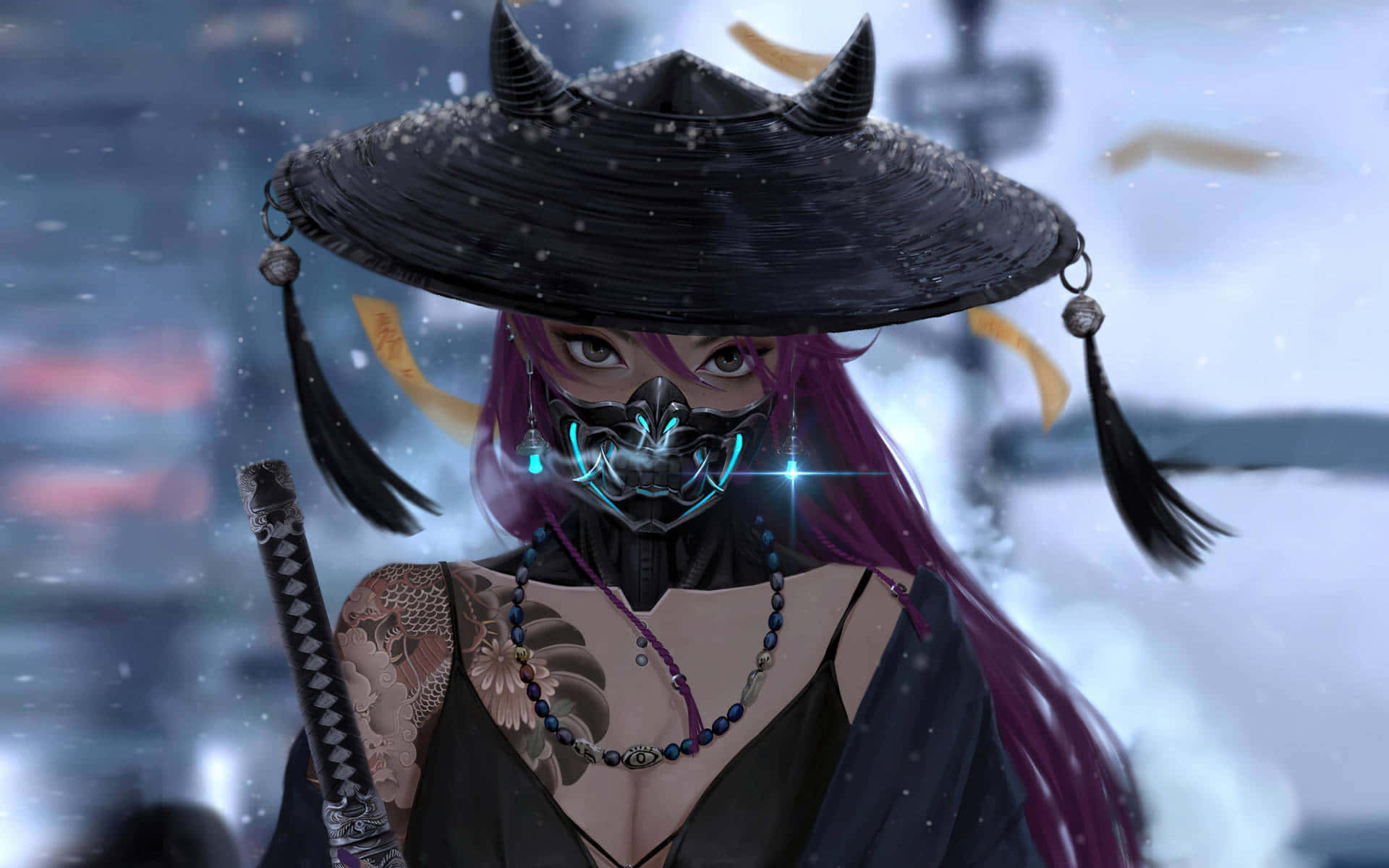 Female Samurai 桌布 壁紙 — 一位戴面具的動漫戰士，擁有紫色頭髮和發光的藍色點綴，在雪天下握著一把武士刀。