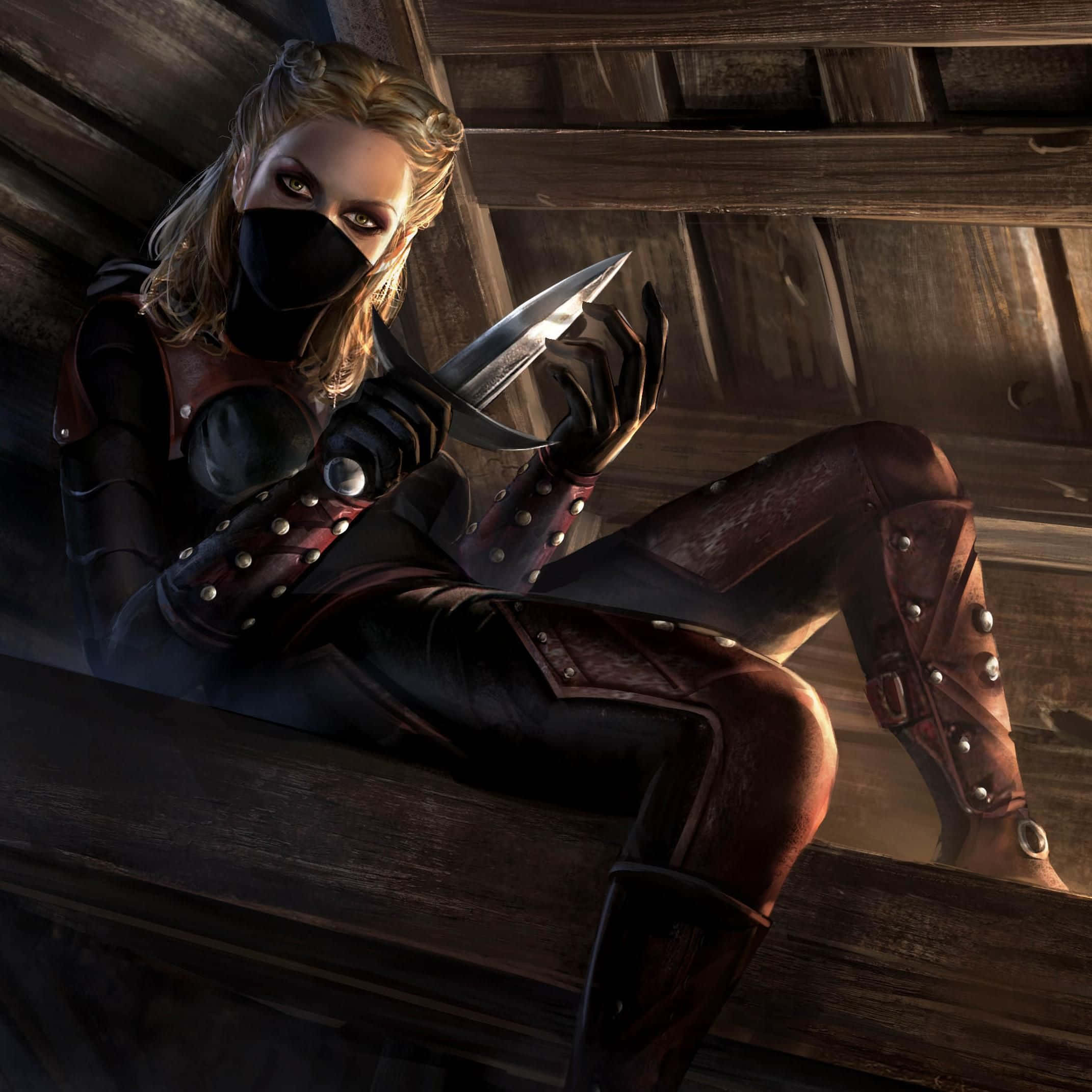 Skyrim Astrid 桌布 壁紙 — 一位戴面具的女刺客身穿皮甲，在昏暗閣樓的木樑上手持匕首蓄勢待發。
