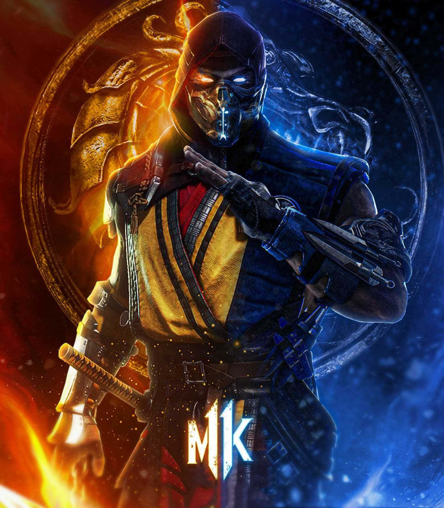 Mortal Kombat Legacy 桌布 壁紙 — 一位戴面具的戰士，半身火焰半身冰霜，手持劍，站在發光的圓形傳送門中。