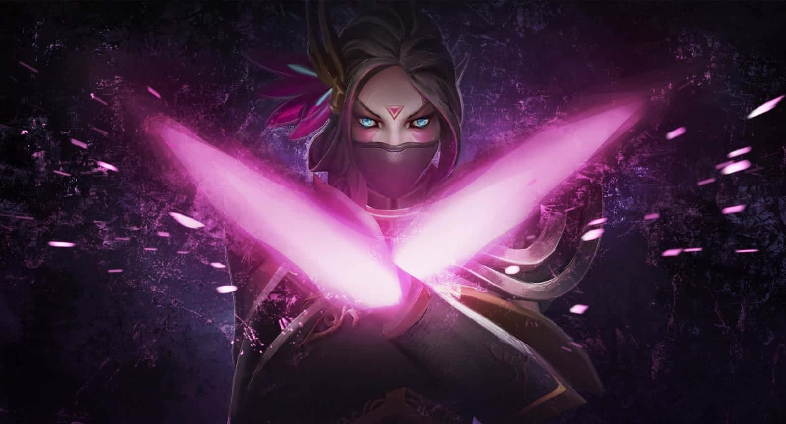 Templar Assassin 桌布 壁紙 — 一位戴面具的戰士，手持發光的粉紅色刀刃，在花瓣與能量的深紫色風暴中交戰。