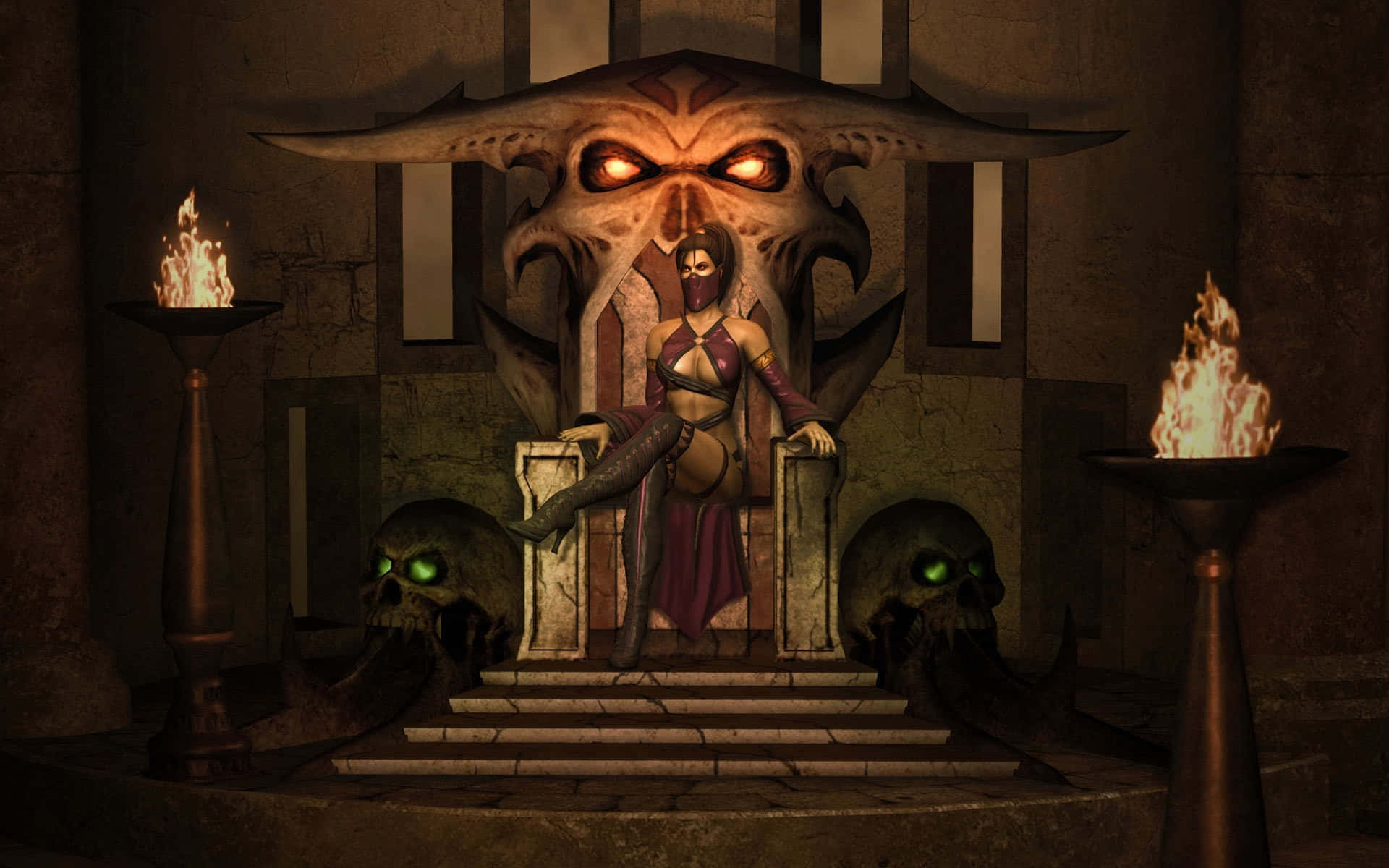 Mortal Kombat Mileena 桌布 壁紙 — 一位戴面具的戰士威嚴地坐在一個惡魔頭骨形狀、帶有發光眼睛的王座上，兩旁有燃燒的火炬和發光的頭骨。