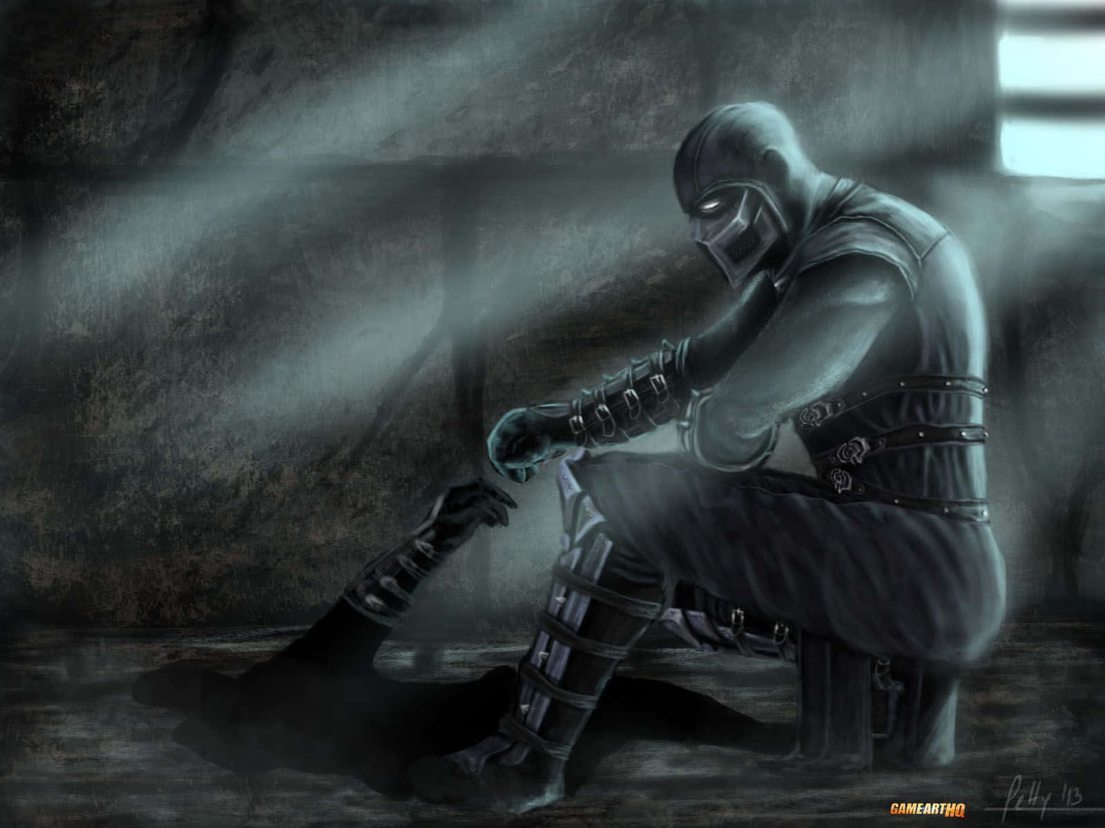 Mortal Kombat Noob Saibot 桌布 壁紙 — 一位戴面具的戰士身穿暗色鎧甲跪在迷霧地牢中，被上方一道光線照亮。