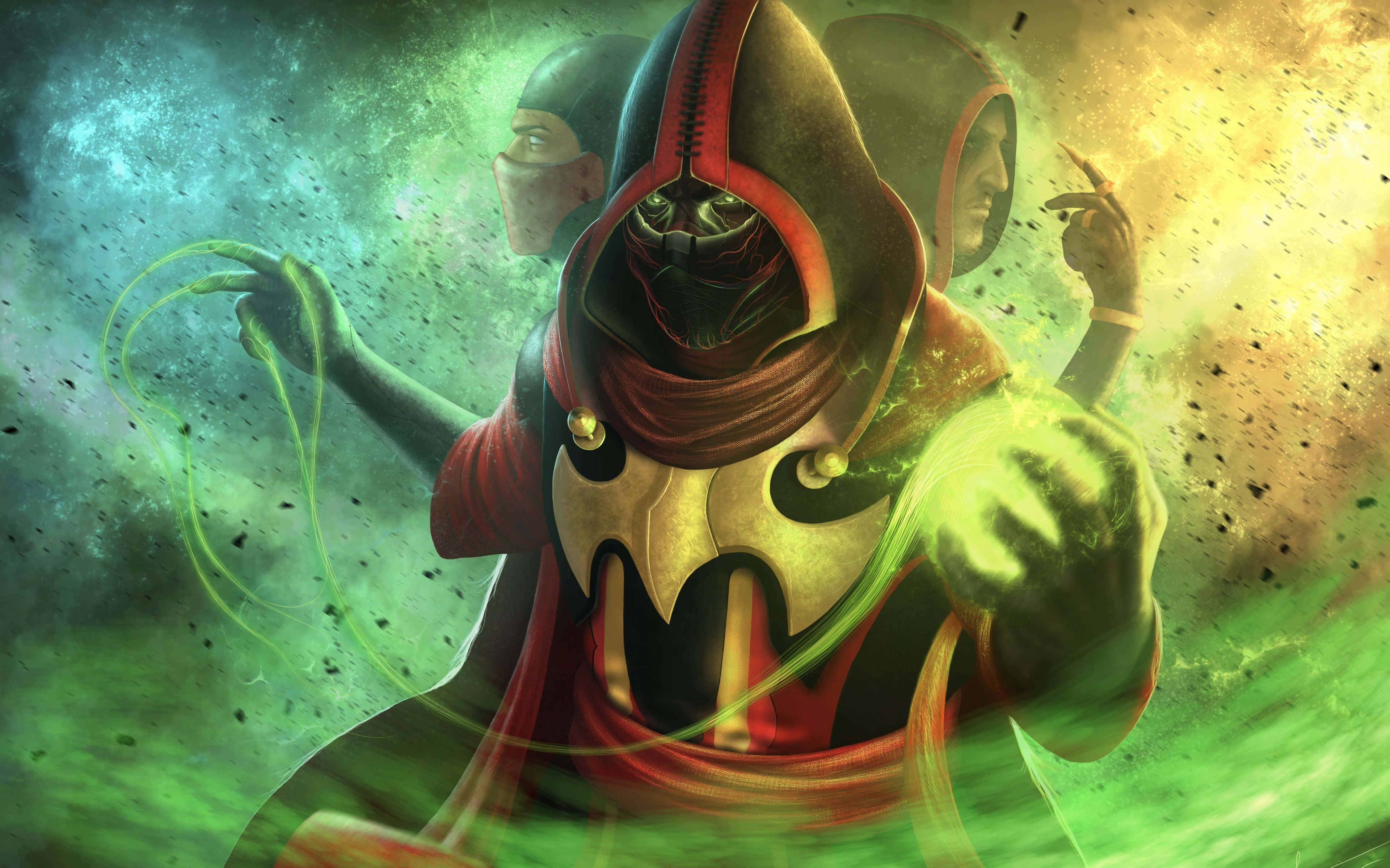Mortal Kombat Ermac 桌布 壁紙 — 一位戴面具的戰士身穿紅色和金色長袍，在宇宙風暴背景下引導發光的綠色能量。