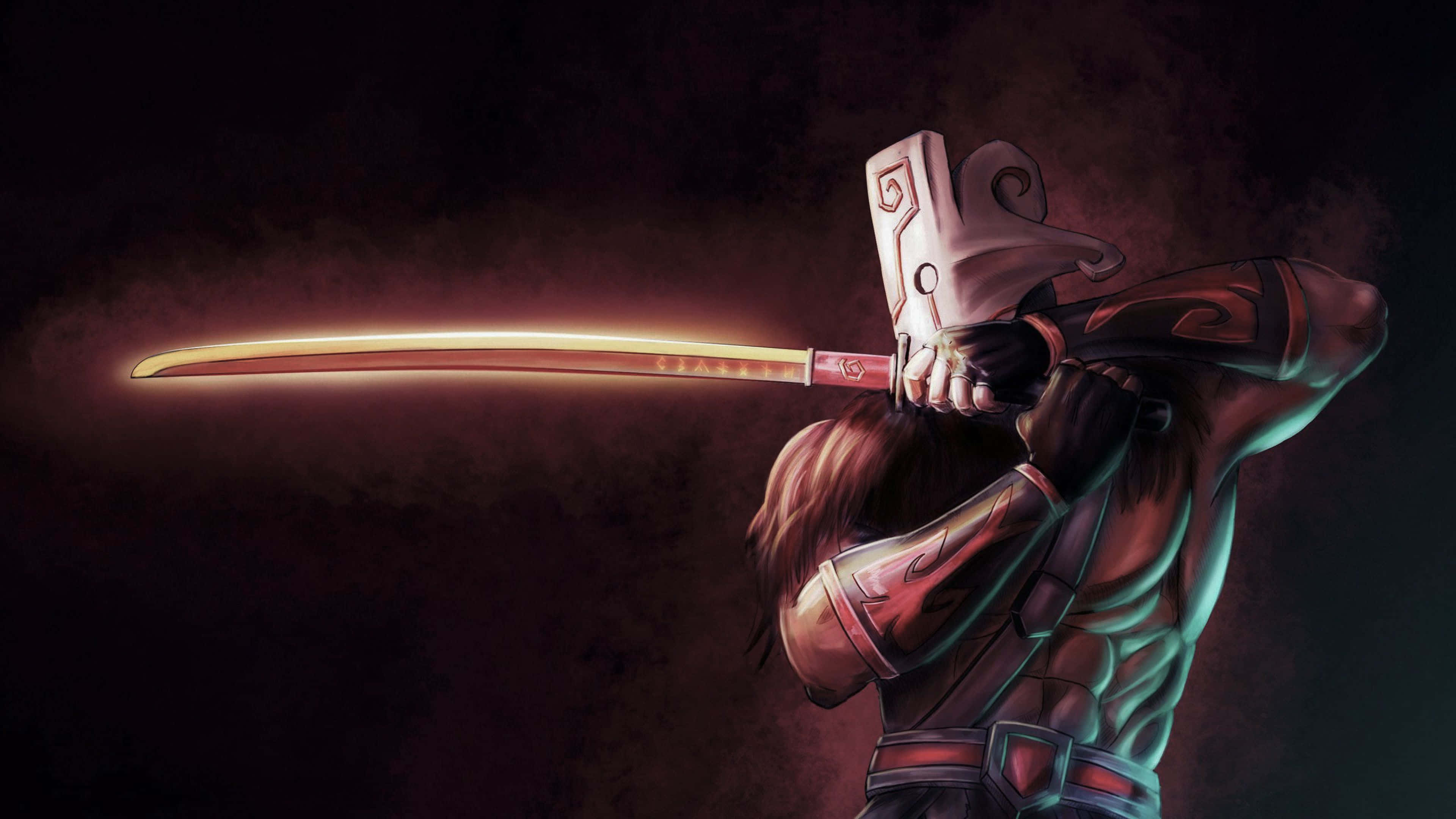 Dota 桌布 壁紙 — 一位戴面具的戰士身穿華麗盔甲，在黑暗煙霧繚繞的背景中拔出發光的劍。