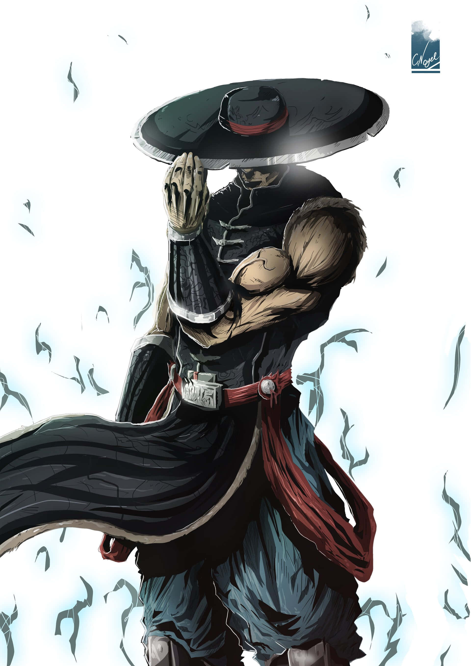 Mortal Kombat Kung Lao 桌布 壁紙 — 一位戴面具的戰士身穿黑紅長袍，在黑暗羽毛風暴中保護性地抱著一個孩子。