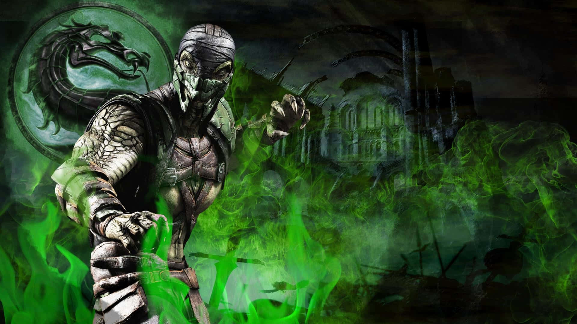Mortal Kombat Reptile 桌布 壁紙 — 一位戴面具的戰士身穿黑色盔甲，站在廢墟寺廟中旋轉的綠色火焰之中，身後有龍形徽章。