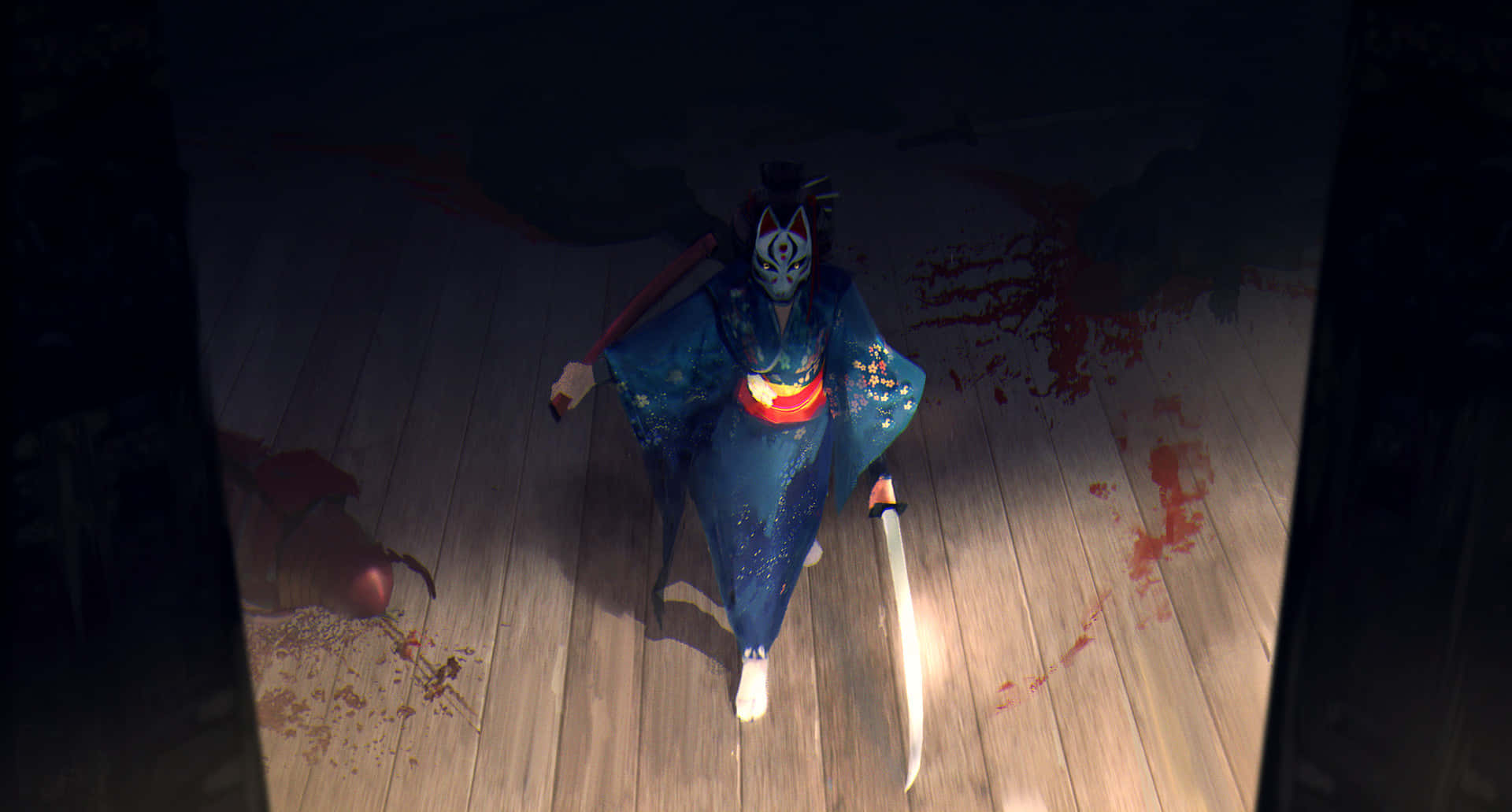 Ronin 桌布 壁紙 — 一位戴面具的武士身穿藍色和服，在昏暗燈光下站在血跡斑斑的木地板上，手持發光的武士刀。