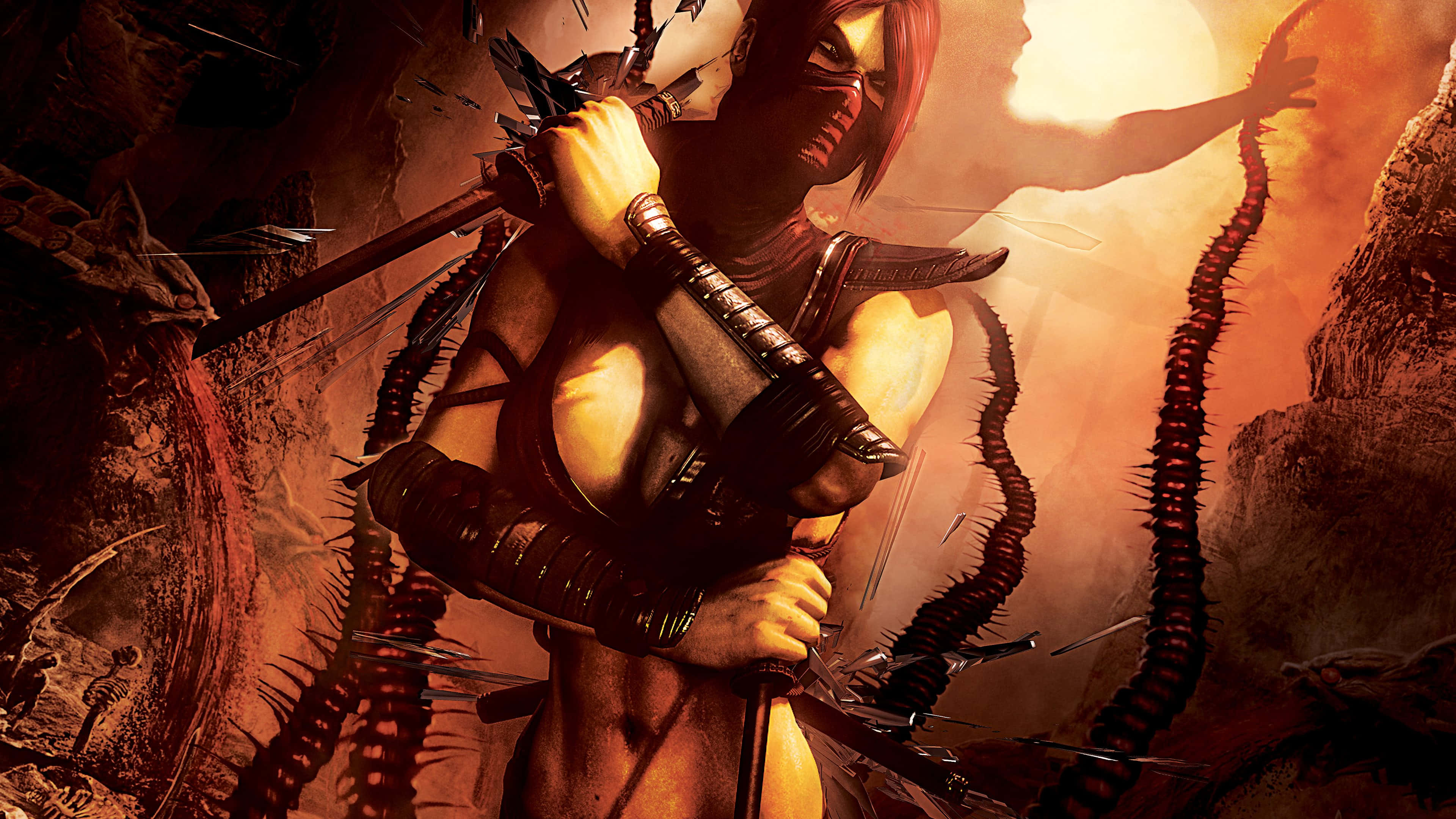 Mortal Kombat Characters 桌布 壁紙 — 一位戴面具的紅髮戰士在黑暗奇幻戰鬥場景中，於熾熱的橙色藤蔓間揮舞著帶刺的武器。