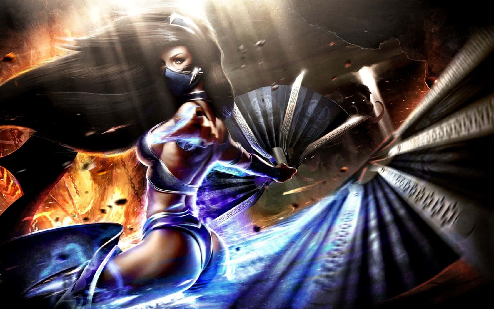 Mortal Kombat Fatality 桌布 壁紙 — 一位戴面具的藍甲女戰士揮舞著發光的扇子，對抗火橙色和黑暗的陰影。