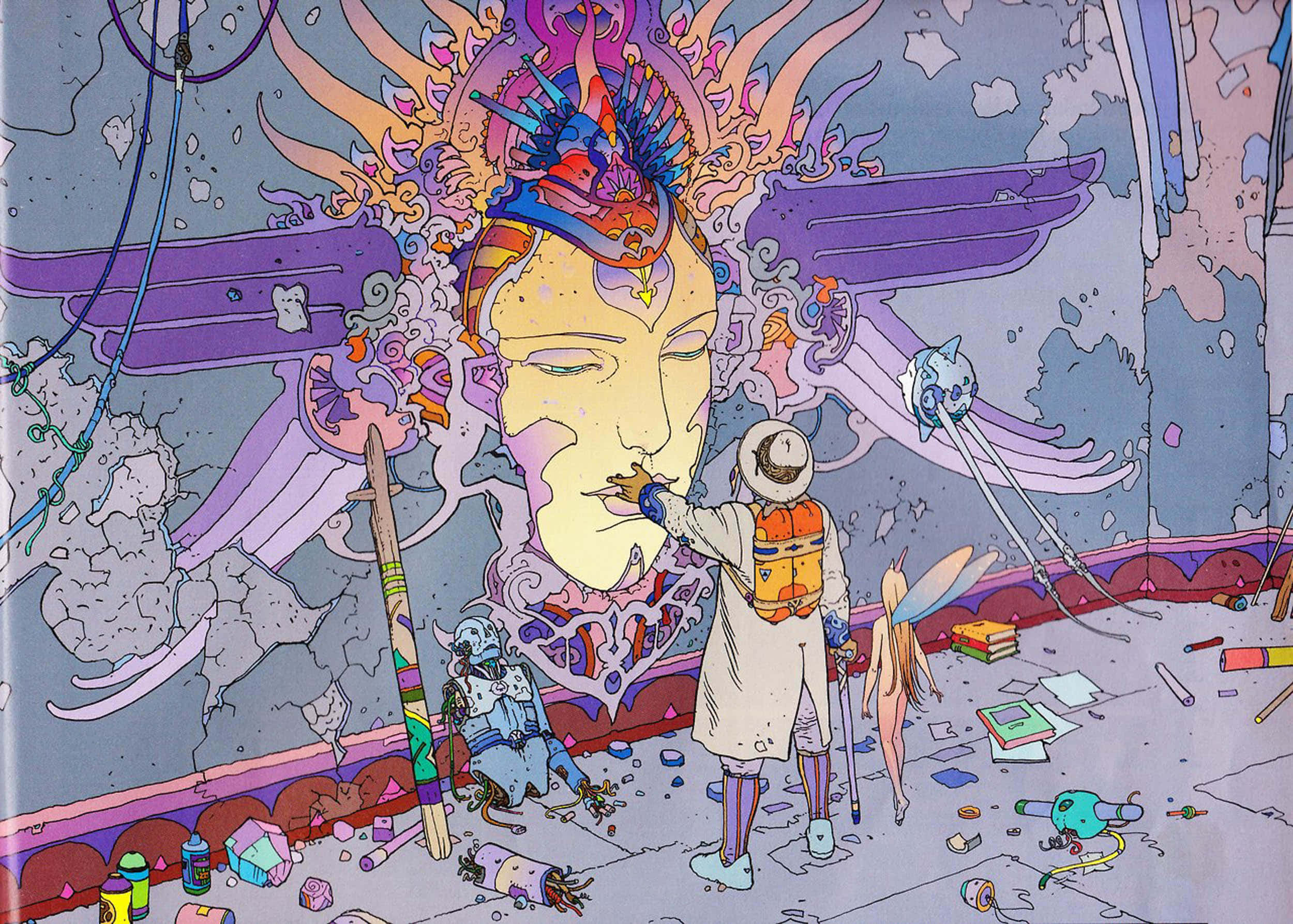 插畫 桌布 壁紙 — 一位戴頭盔的藝術家在破舊的牆壁上，在散落的藝術用品中，繪製一個帶有翅膀和絢麗色彩的巨大華麗面孔。