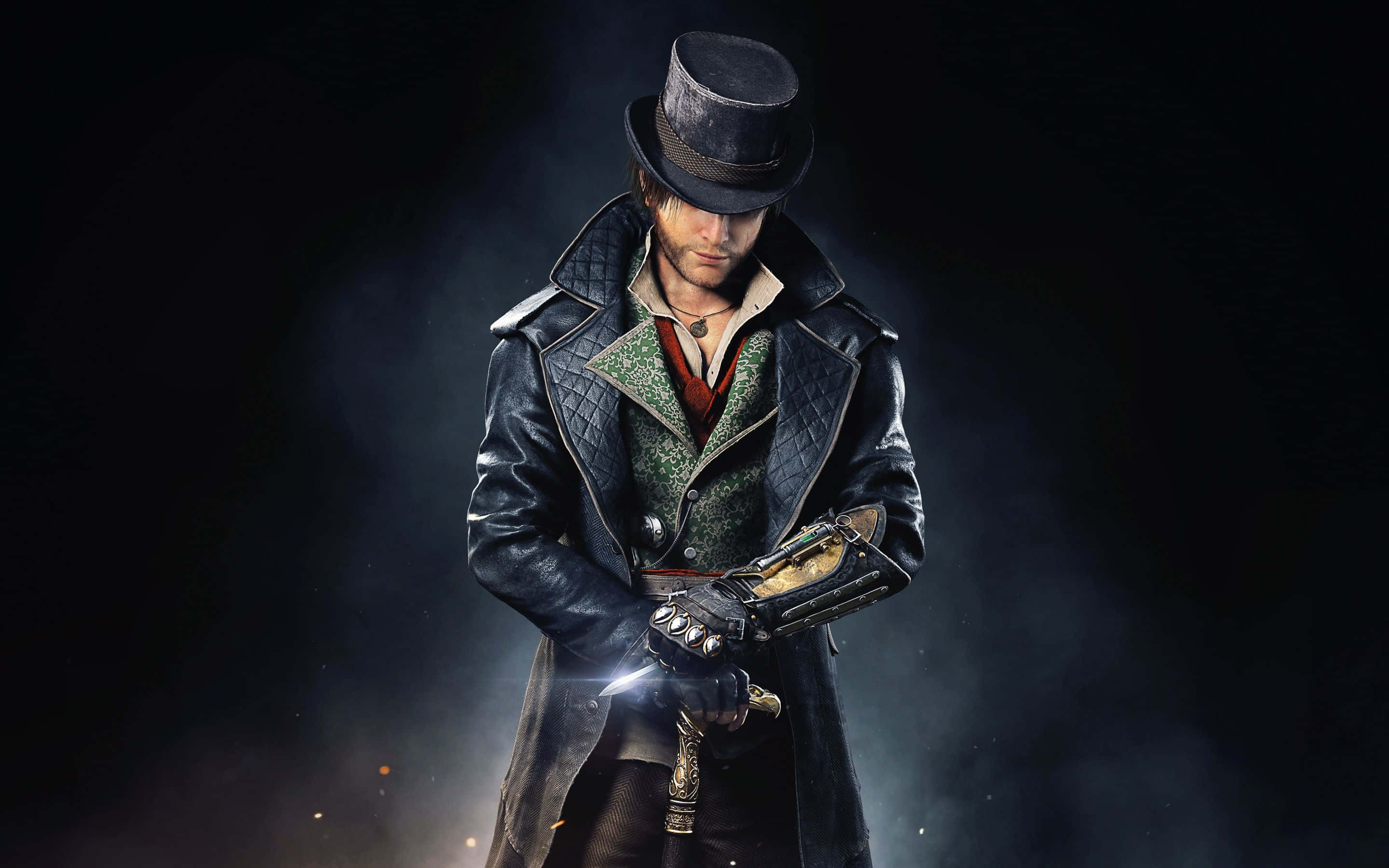 Assassin's Creed Syndicate 桌布 壁紙 — 一位戴高帽、穿皮衣的蒸氣龐克冒險家，在煙霧瀰漫的黑暗背景下手持發光武器。