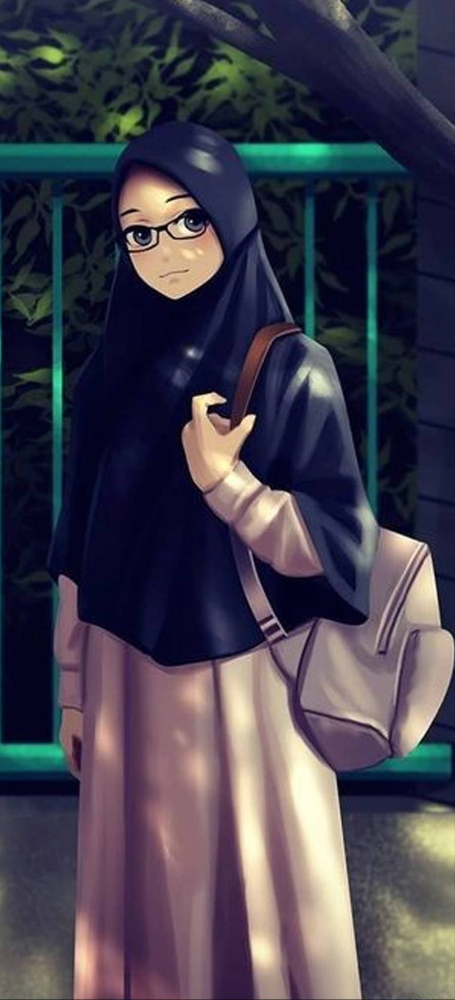 hijab cartoon 桌布 壁紙 — 一位戴黑色頭巾和眼鏡的年輕女性夜晚站在樹下，拿著一個米色手袋。