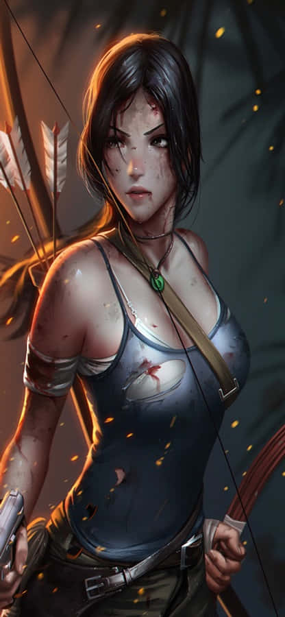 一位手持弓箭的女性 壁紙 — 一位兇猛的黑髮女性冒險家，滿臉鮮血，在叢林中手持弓箭，周圍有溫暖發光的餘燼。