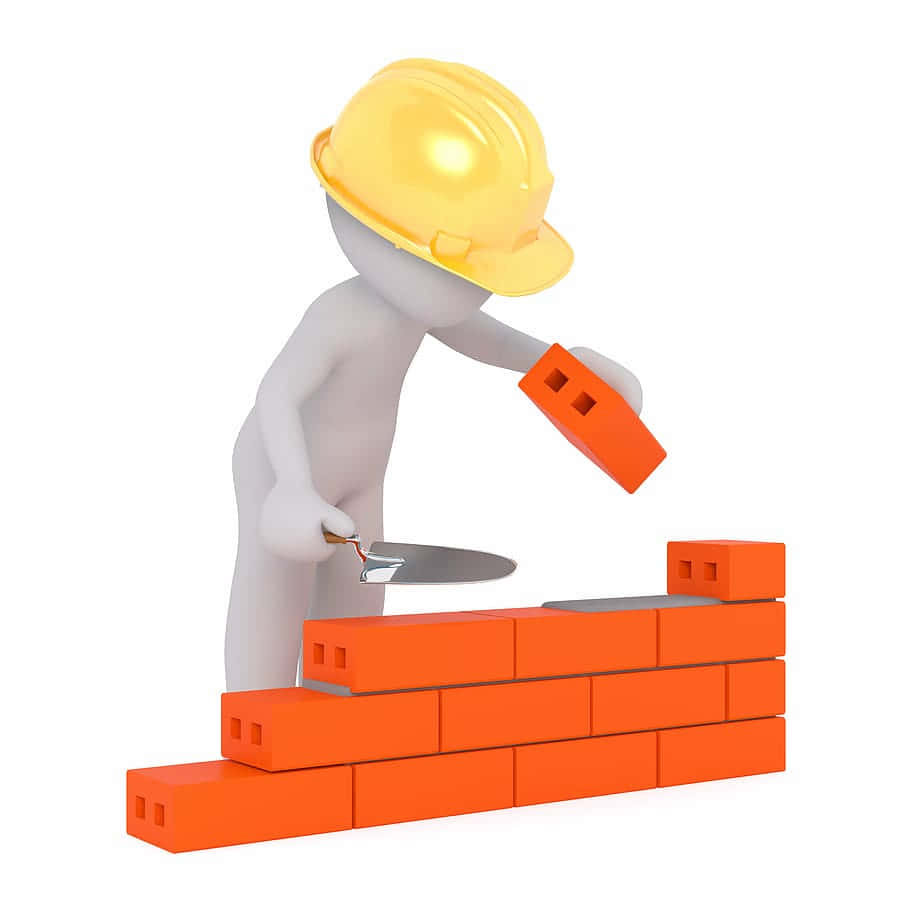 建築工人戴着黃色安全帽用泥鏟鋪設橙色磚塊
