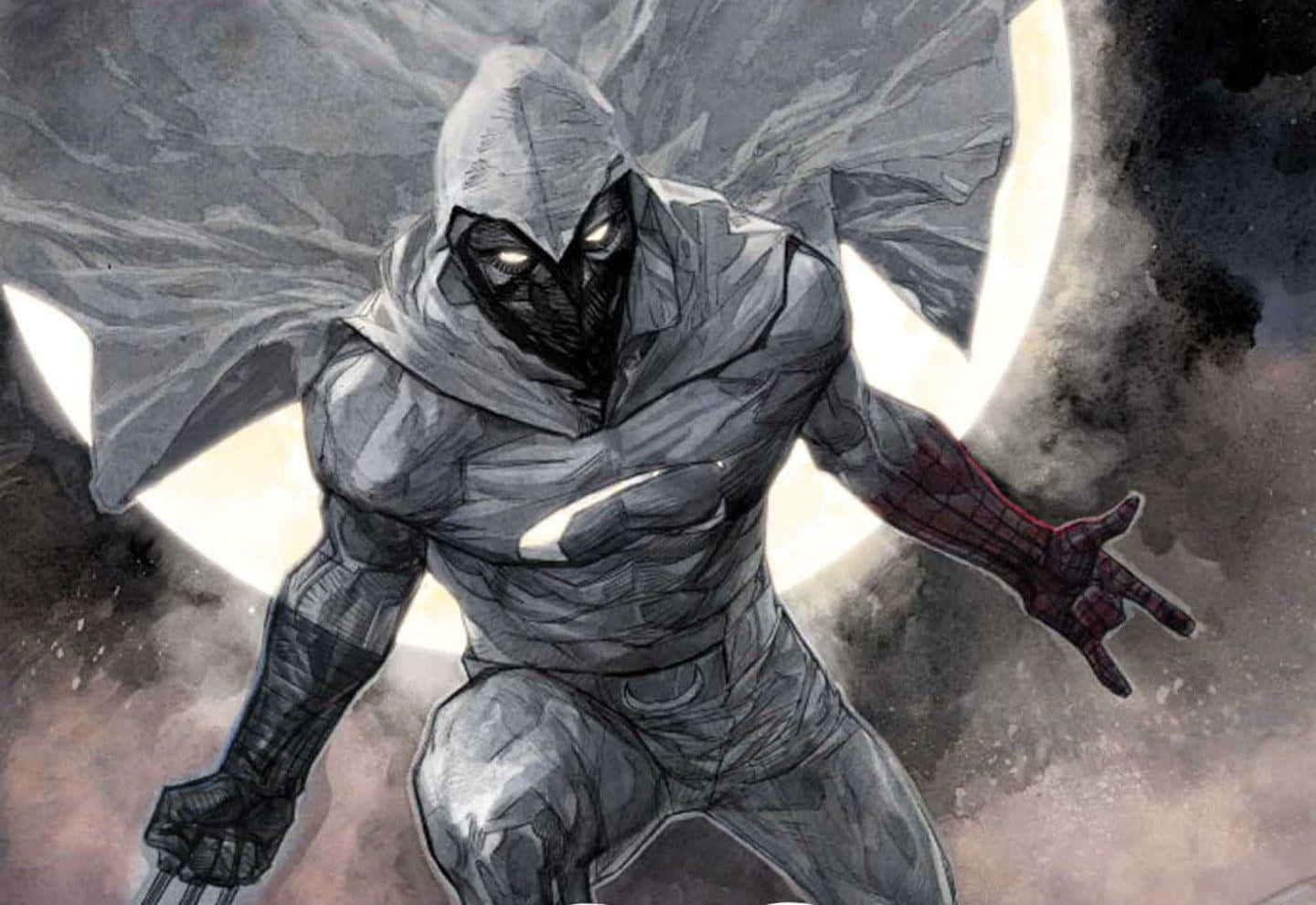 Moon Knight 桌布 壁紙 — 一位披著斗篷、戴著面具的超級英雄，眼睛發光，戴著紅色手套，在宇宙背景下擺出動感姿勢。