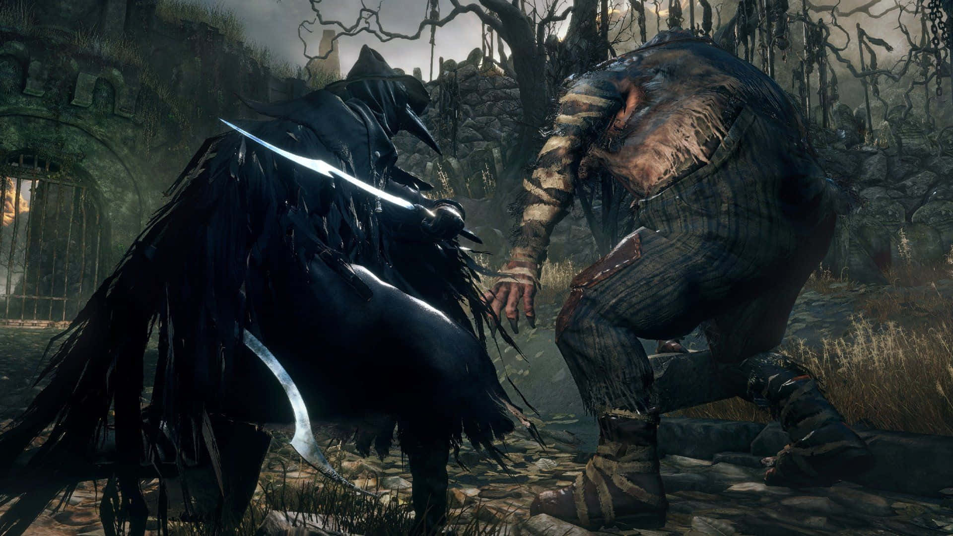 Horror Games 桌布 壁紙 — 一位披著斗篷、手持彎刀的戰士，在腐朽的哥德式廢墟中面對一個彎腰的怪物敵人。