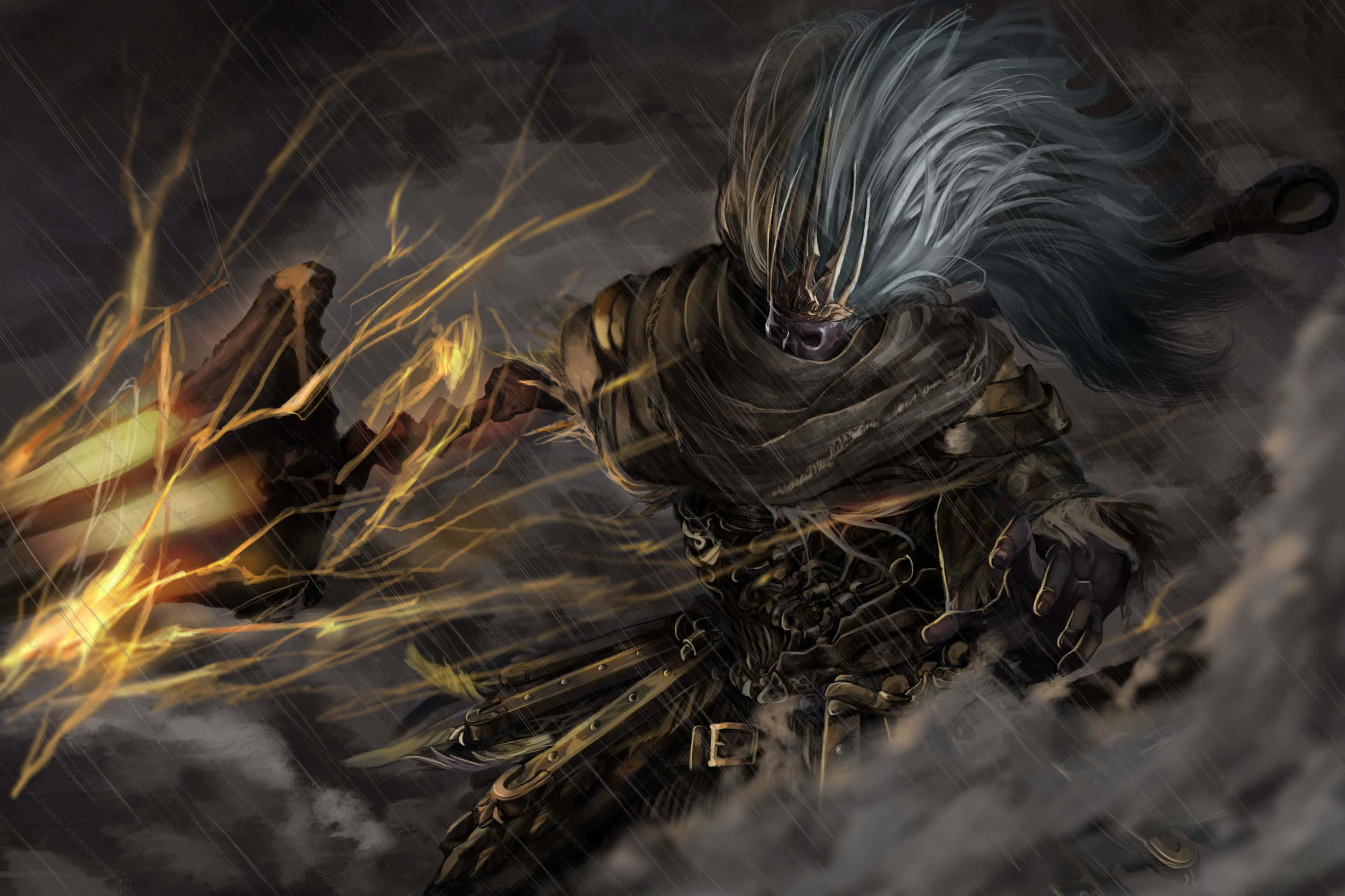 Nameless King 桌布 壁紙 — 一位披著斗篷、銀色頭髮的戰士在暴風雨戰場上揮舞著一把火焰劍。