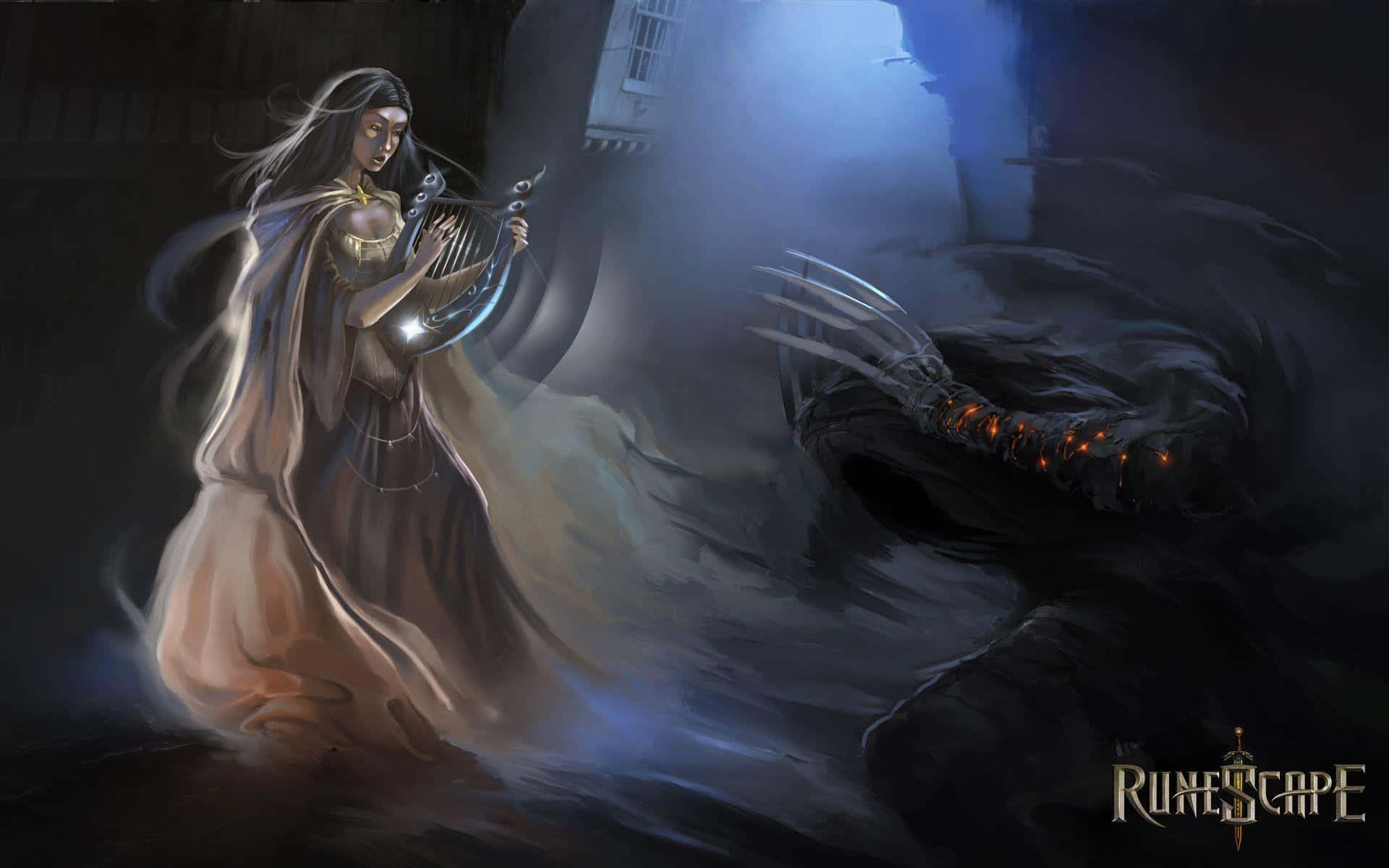 遊戲 桌布 壁紙 — 一位披著斗篷的女性彈奏著發光的豎琴，而一個陰影般的利爪怪物從昏暗地牢的黑暗中撲出。