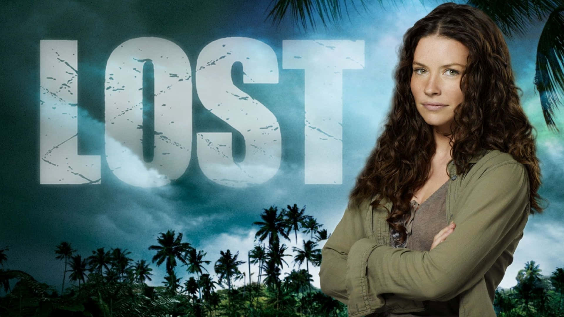 Tv Series 桌布 壁紙 — 一位捲髮女性自信地站在熱帶背景前，背景有棕櫚樹和以大型磨損字體呈現的「LOST」字樣。