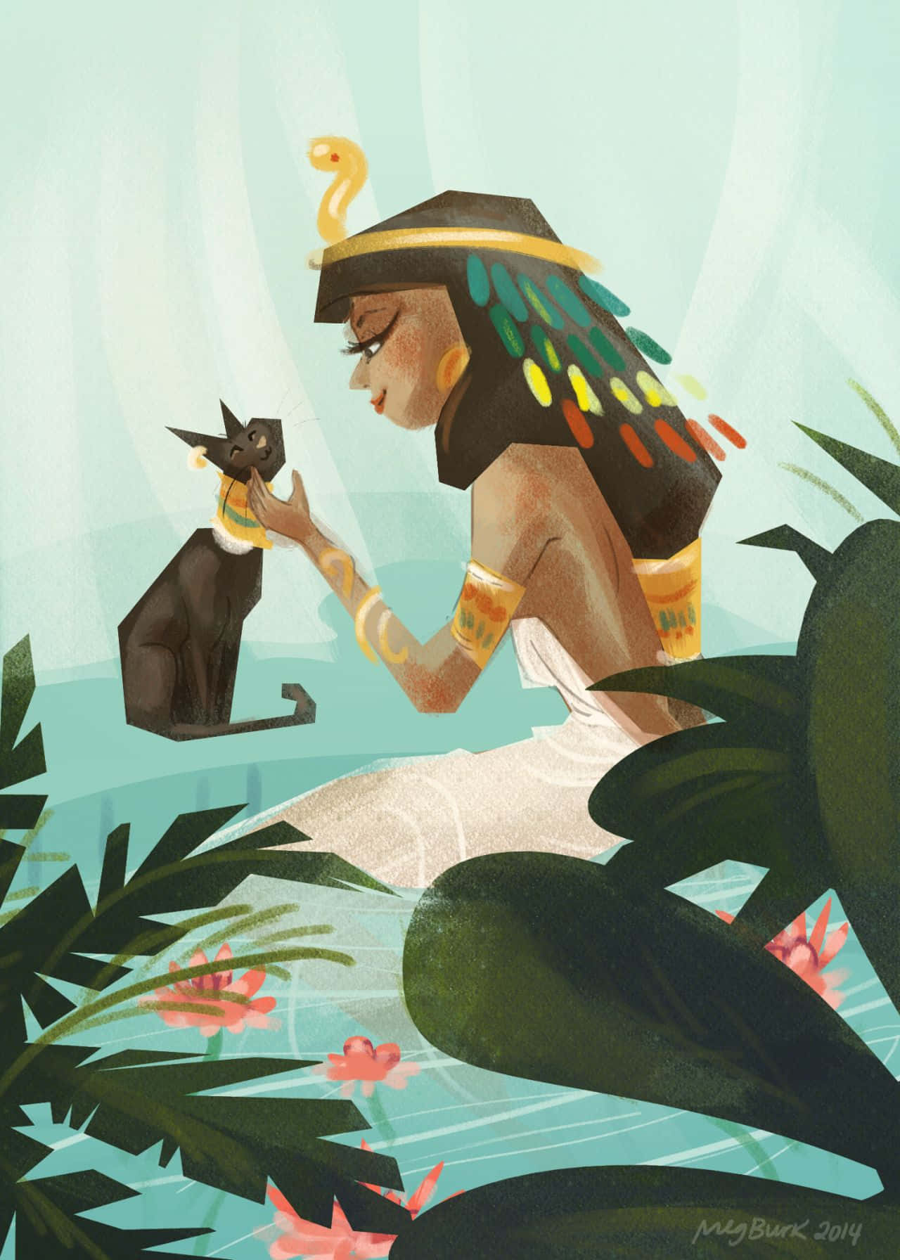 Cleopatra 桌布 壁紙 — 一位插圖風格的埃及女王，戴著色彩繽紛的頭飾，在茂密的綠葉和粉紅花朵中輕撫一隻黑貓。