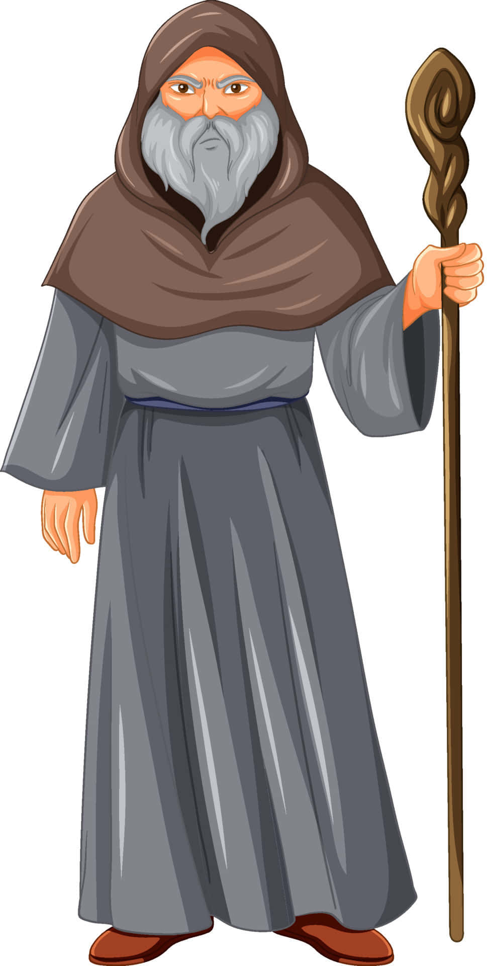 wizard 桌布 壁紙 — 一位插畫風格的巫師，留著長長的灰色鬍鬚，身穿棕色連帽長袍，手持木杖。