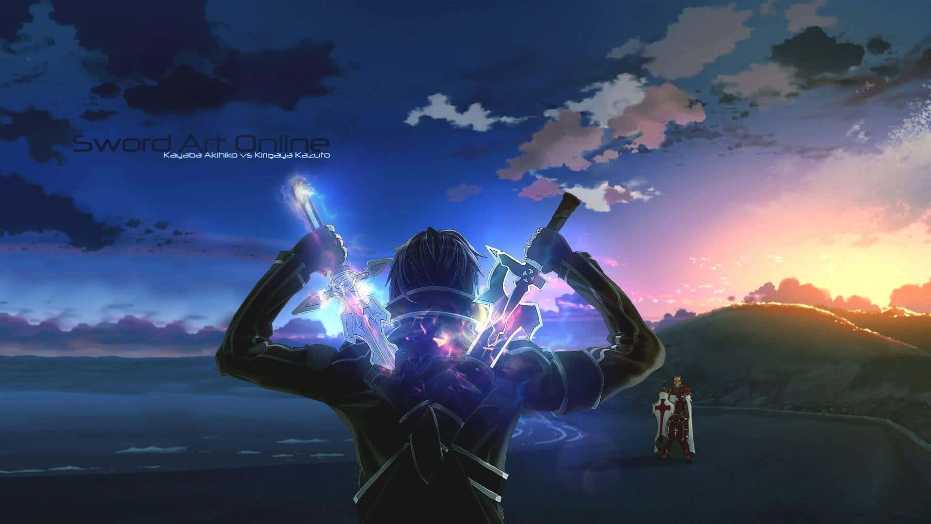 Anime Pc 桌布 壁紙 — 一位揮舞劍的動漫戰士站在海岸懸崖上，背襯著鮮豔的日落，遠處有另一個人影。
