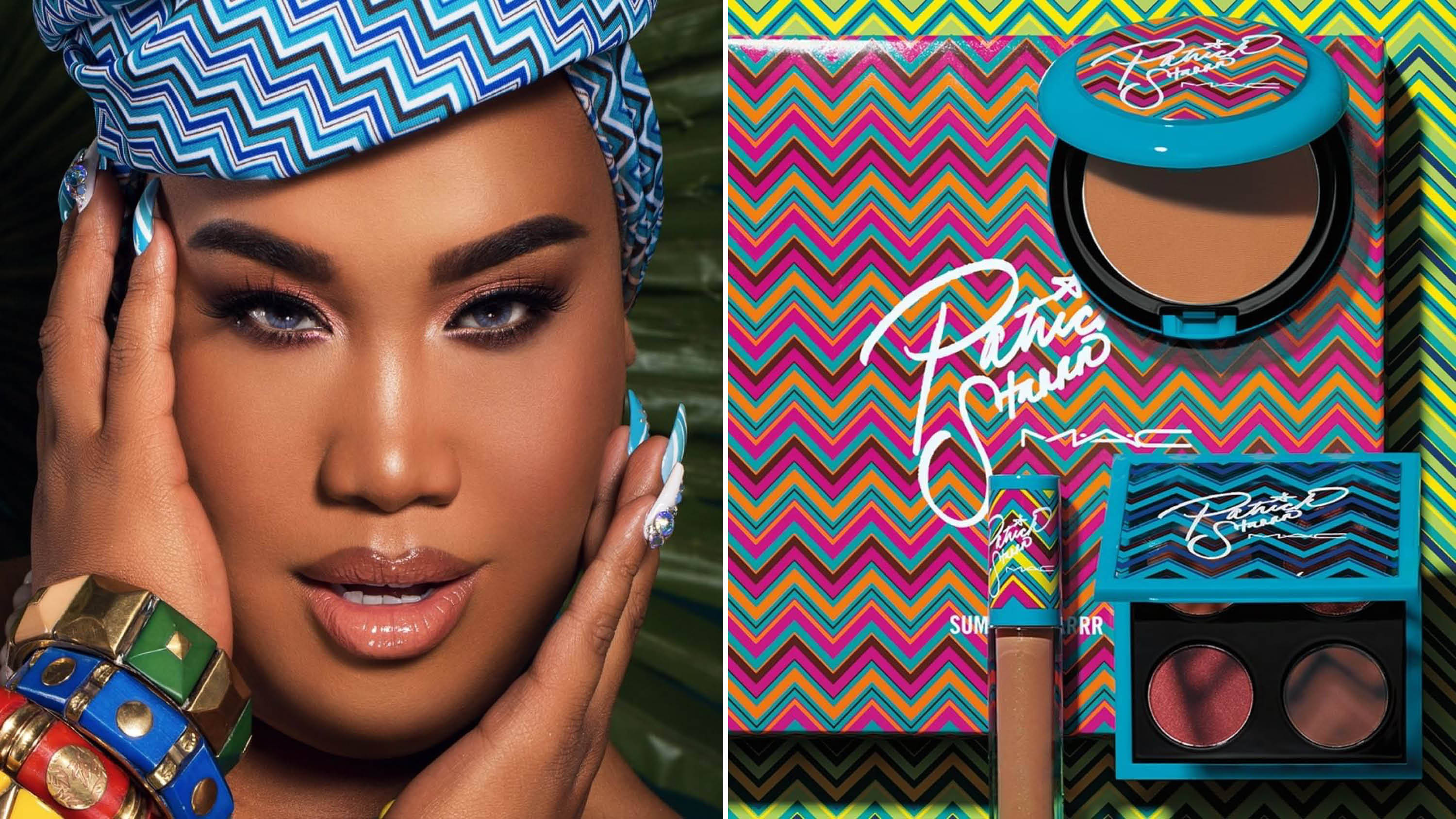 Mac Cosmetics x Patrick Starrr 壁紙 — 一位擁有大膽妝容和藍色鋸齒頭巾的女性，在色彩繽紛的鋸齒背景中，在充滿活力的MAC化妝品旁擺姿勢。