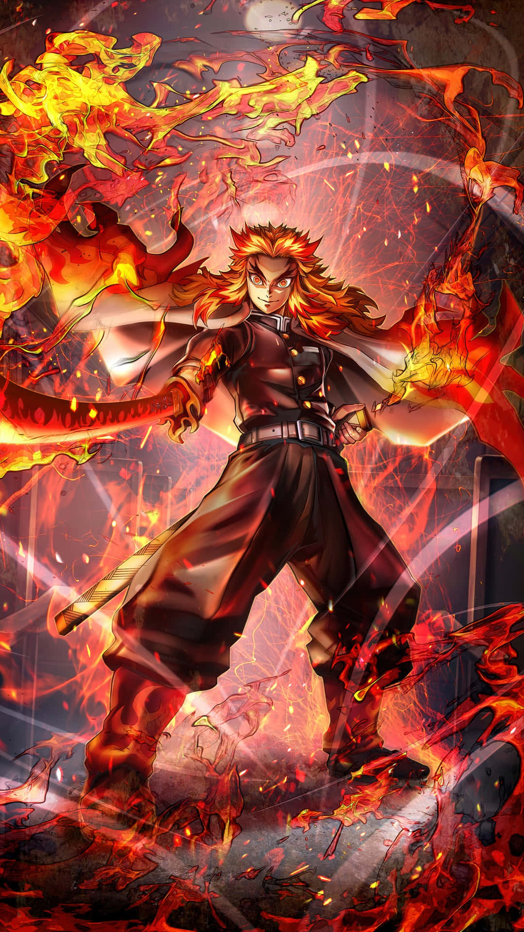 Rengoku Sword 桌布 壁紙 — 一位擁有尖刺橙色頭髮的火熱動漫戰士，在旋轉的火焰和發光的餘燼中揮舞著一把燃燒的劍。