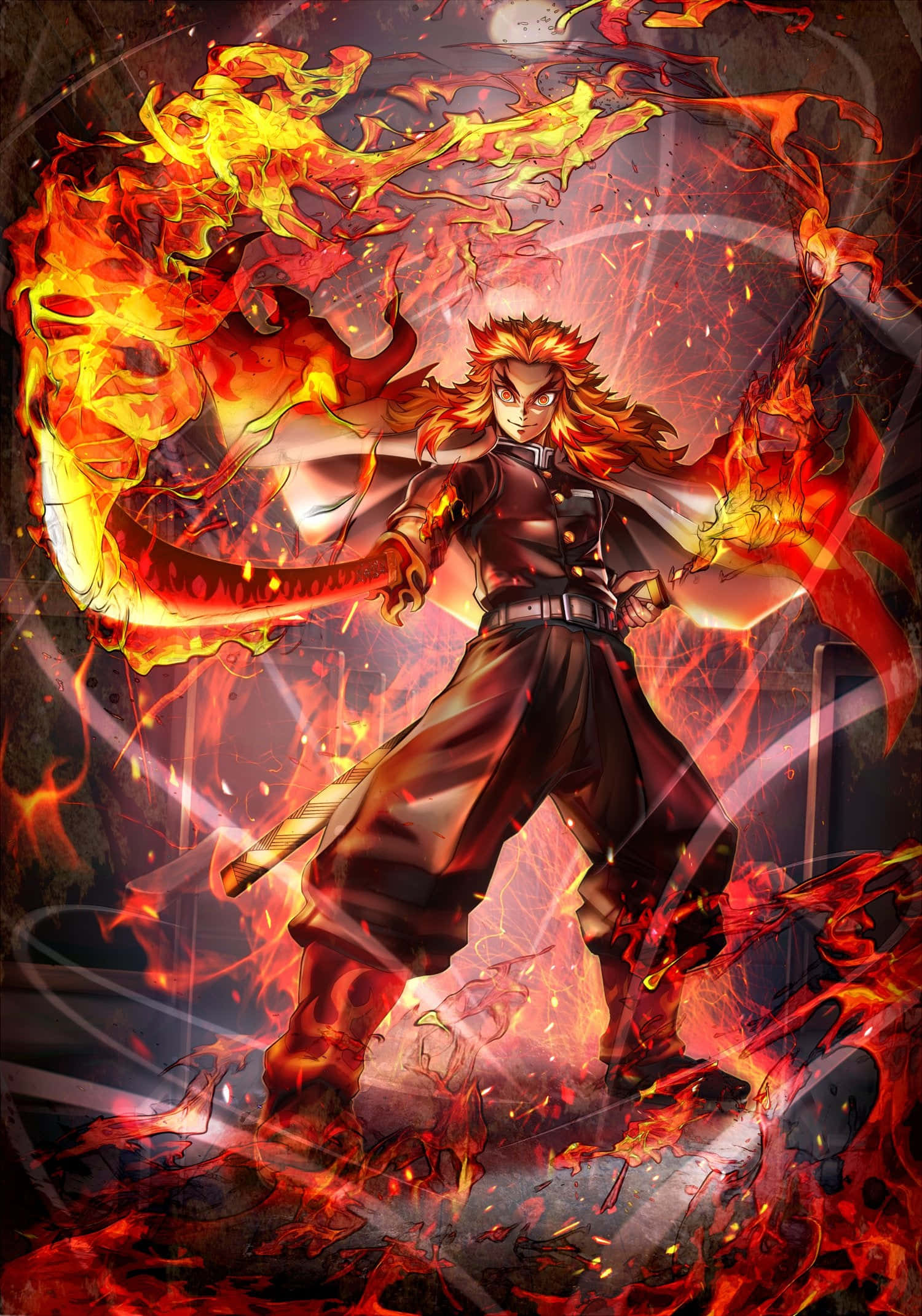 Flame Hashira 桌布 壁紙 — 一位擁有尖刺橙色頭髮的火熱動漫戰士，在旋轉的火焰和發光的餘燼中揮舞著一把燃燒的劍。